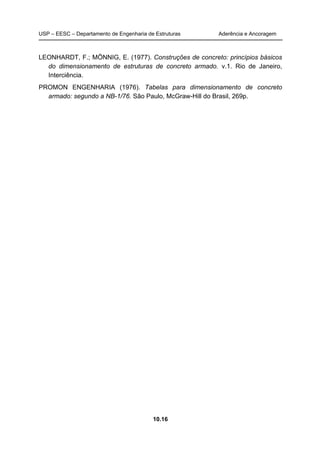USP – EESC – Departamento de Engenharia de Estruturas Aderência e Ancoragem
10.16
LEONHARDT, F.; MÖNNIG, E. (1977). Construções de concreto: princípios básicos
do dimensionamento de estruturas de concreto armado. v.1. Rio de Janeiro,
Interciência.
PROMON ENGENHARIA (1976). Tabelas para dimensionamento de concreto
armado: segundo a NB-1/76. São Paulo, McGraw-Hill do Brasil, 269p.
 