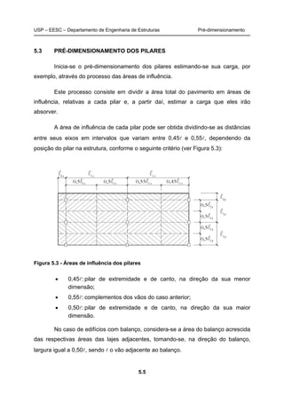 USP – EESC – Departamento de Engenharia de Estruturas Pré-dimensionamento
5.5
5.3 PRÉ-DIMENSIONAMENTO DOS PILARES
Inicia-se o pré-dimensionamento dos pilares estimando-se sua carga, por
exemplo, através do processo das áreas de influência.
Este processo consiste em dividir a área total do pavimento em áreas de
influência, relativas a cada pilar e, a partir daí, estimar a carga que eles irão
absorver.
A área de influência de cada pilar pode ser obtida dividindo-se as distâncias
entre seus eixos em intervalos que variam entre 0,45l e 0,55l, dependendo da
posição do pilar na estrutura, conforme o seguinte critério (ver Figura 5.3):
Figura 5.3 - Áreas de influência dos pilares
• 0,45l: pilar de extremidade e de canto, na direção da sua menor
dimensão;
• 0,55l: complementos dos vãos do caso anterior;
• 0,50l: pilar de extremidade e de canto, na direção da sua maior
dimensão.
No caso de edifícios com balanço, considera-se a área do balanço acrescida
das respectivas áreas das lajes adjacentes, tomando-se, na direção do balanço,
largura igual a 0,50l, sendo l o vão adjacente ao balanço.
 