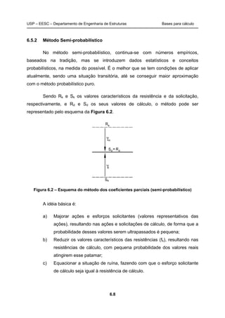 USP – EESC – Departamento de Engenharia de Estruturas Bases para cálculo
6.8
6.5.2 Método Semi-probabilístico
No método semi-probabilístico, continua-se com números empíricos,
baseados na tradição, mas se introduzem dados estatísticos e conceitos
probabilísticos, na medida do possível. É o melhor que se tem condições de aplicar
atualmente, sendo uma situação transitória, até se conseguir maior aproximação
com o método probabilístico puro.
Sendo Rk e Sk os valores característicos da resistência e da solicitação,
respectivamente, e Rd e Sd os seus valores de cálculo, o método pode ser
representado pelo esquema da Figura 6.2.
Figura 6.2 – Esquema do método dos coeficientes parciais (semi-probabilístico)
A idéia básica é:
a) Majorar ações e esforços solicitantes (valores representativos das
ações), resultando nas ações e solicitações de cálculo, de forma que a
probabilidade desses valores serem ultrapassados é pequena;
b) Reduzir os valores característicos das resistências (fk), resultando nas
resistências de cálculo, com pequena probabilidade dos valores reais
atingirem esse patamar;
c) Equacionar a situação de ruína, fazendo com que o esforço solicitante
de cálculo seja igual à resistência de cálculo.
 
