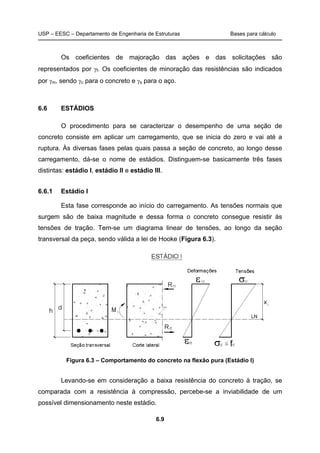 USP – EESC – Departamento de Engenharia de Estruturas Bases para cálculo
6.9
Os coeficientes de majoração das ações e das solicitações são
representados por γf. Os coeficientes de minoração das resistências são indicados
por γm, sendo γc para o concreto e γs para o aço.
6.6 ESTÁDIOS
O procedimento para se caracterizar o desempenho de uma seção de
concreto consiste em aplicar um carregamento, que se inicia do zero e vai até a
ruptura. Às diversas fases pelas quais passa a seção de concreto, ao longo desse
carregamento, dá-se o nome de estádios. Distinguem-se basicamente três fases
distintas: estádio I, estádio II e estádio III.
6.6.1 Estádio I
Esta fase corresponde ao início do carregamento. As tensões normais que
surgem são de baixa magnitude e dessa forma o concreto consegue resistir às
tensões de tração. Tem-se um diagrama linear de tensões, ao longo da seção
transversal da peça, sendo válida a lei de Hooke (Figura 6.3).
Figura 6.3 – Comportamento do concreto na flexão pura (Estádio I)
Levando-se em consideração a baixa resistência do concreto à tração, se
comparada com a resistência à compressão, percebe-se a inviabilidade de um
possível dimensionamento neste estádio.
 