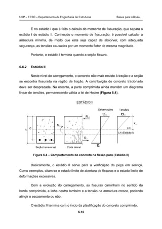 USP – EESC – Departamento de Engenharia de Estruturas Bases para cálculo
6.10
É no estádio I que é feito o cálculo do momento de fissuração, que separa o
estádio I do estádio II. Conhecido o momento de fissuração, é possível calcular a
armadura mínima, de modo que esta seja capaz de absorver, com adequada
segurança, as tensões causadas por um momento fletor de mesma magnitude.
Portanto, o estádio I termina quando a seção fissura.
6.6.2 Estádio II
Neste nível de carregamento, o concreto não mais resiste à tração e a seção
se encontra fissurada na região de tração. A contribuição do concreto tracionado
deve ser desprezada. No entanto, a parte comprimida ainda mantém um diagrama
linear de tensões, permanecendo válida a lei de Hooke (Figura 6.4).
Figura 6.4 – Comportamento do concreto na flexão pura (Estádio II)
Basicamente, o estádio II serve para a verificação da peça em serviço.
Como exemplos, citam-se o estado limite de abertura de fissuras e o estado limite de
deformações excessivas.
Com a evolução do carregamento, as fissuras caminham no sentido da
borda comprimida, a linha neutra também e a tensão na armadura cresce, podendo
atingir o escoamento ou não.
O estádio II termina com o inicio da plastificação do concreto comprimido.
 