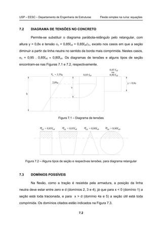 USP – EESC – Departamento de Engenharia de Estruturas Flexão simples na ruína: equações
7.2
7.2 DIAGRAMA DE TENSÕES NO CONCRETO
Permite-se substituir o diagrama parábola-retângulo pelo retangular, com
altura y = 0,8x e tensão σc = 0,85fcd = 0,85fck/γc, exceto nos casos em que a seção
diminuir a partir da linha neutra no sentido da borda mais comprimida. Nestes casos,
σc = 0,95 . 0,85fcd ≈ 0,80fcd. Os diagramas de tensões e alguns tipos de seção
encontram-se nas Figuras 7.1 e 7.2, respectivamente.
2,0‰
0,85 f
0,85 f
0,80 f
ou
h
x
y = 0,8x
= 3,5‰εc
cd
cdcd
Figura 7.1 – Diagrama de tensões
= 0,85fσ = 0,85fσ = 0,80fσ = 0,80fσcd cd cd cd cd cd cd cd
Figura 7.2 – Alguns tipos de seção e respectivas tensões, para diagrama retangular
7.3 DOMÍNIOS POSSÍVEIS
Na flexão, como a tração é resistida pela armadura, a posição da linha
neutra deve estar entre zero e d (domínios 2, 3 e 4), já que para x < 0 (domínio 1) a
seção está toda tracionada, e para x > d (domínio 4a e 5) a seção útil está toda
comprimida. Os domínios citados estão indicados na Figura 7.3.
 