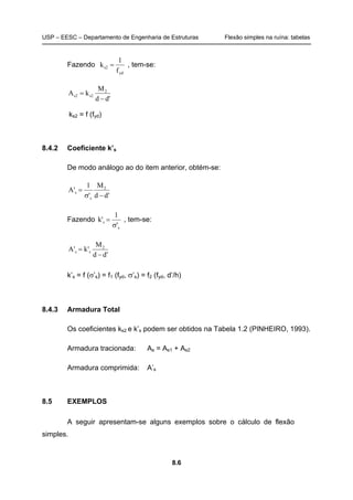 USP – EESC – Departamento de Engenharia de Estruturas Flexão simples na ruína: tabelas
8.6
Fazendo
yd
s2
f
1
k = , tem-se:
d'd
M
kA 2
s2s2
−
=
ks2 = f (fyd)
8.4.2 Coeficiente k’s
De modo análogo ao do item anterior, obtém-se:
'dd
M
'
1
'A 2
s
s
−σ
=
Fazendo
s
s
'
1
k'
σ
= , tem-se:
'dd
M
'k'A 2
ss
−
=
k’s = f (σ’s) = f1 (fyd, σ’s) = f2 (fyd, d’/h)
8.4.3 Armadura Total
Os coeficientes ks2 e k’s podem ser obtidos na Tabela 1.2 (PINHEIRO, 1993).
Armadura tracionada: As = As1 + As2
Armadura comprimida: A’s
8.5 EXEMPLOS
A seguir apresentam-se alguns exemplos sobre o cálculo de flexão
simples.
 