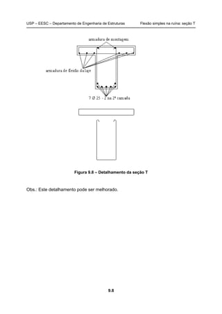 USP – EESC – Departamento de Engenharia de Estruturas Flexão simples na ruína: seção T
9.8
Figura 9.8 – Detalhamento da seção T
Obs.: Este detalhamento pode ser melhorado.
 