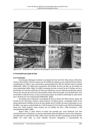 Centro de Ciências Agrárias da Universidade Federal do Espírito Santo
Departamento de Engenharia Rural
Construções Rurais – Prof. Giovanni de Oliveira Garcia 102
Figura 5.27 – Detalhes do piso do embarcadouro, e porteira de acesso ao curral de manobra.
Figura 5.28 – Vista externa e cobertura de proteção e vista interna do tronco coletivo.
5.4 Instalações para gado de leite
5.4.1 Introdução
Os principais destaques mundiais na produção de leite são EUA, Índia, Rússia, Alemanha,
França e Brasil (FAO). O Brasil contava com 34 milhões de cabeças no seu rebanho bovino leiteiro,
contabilizado em 2002, o que representava aproximadamente 20% do rebanho bovino mundial
(ANUALPEC, 2003). Em 2001 foram produzidos 19,8 bilhões de litros de leite de 18 milhões de
vacas ordenhadas (IBGE, 2002). Em 2002 a produção de leite no Brasil foi de 21 bilhões de litros,
permitindo um consumo médio de 127 litros por habitante, mas em média são produzidos apenas
3 litros por vaca por dia contra 22,5 dos Estados Unidos, 20,5 do Canadá, 16, 9 da Alemanha, 14,5
da Austrália e 10,6 da França, ou seja, nesses países apesar do rebanho ordenhado ter sido menor
que o do Brasil, foi mais especializado (ANUALPEC, 2002).
Os estados que se destacam na produção de leite no Brasil são: Minas Gerais, Goiás, Rio
Grande do Sul, São Paulo, Paraná e Santa Catarina. Em Minas Gerais, a produção média foi de
aproximadamente 6 bilhões de litros de leite obtidos de 4,5 milhões de vacas ordenhadas no ano
de 2000, o que gerou produtividade de 1.333 litros/vaca (3,7 litros/dia) ou de 328 litros/habitante
nesse ano. Goiás produziu nesse mesmo ano 2,5 bilhões de litros, 1.095 litros/vaca e 439
litros/habitante (IBGE, 2000).
Apesar disso, o setor leiteiro no Brasil tem passado por crises históricas que vêm
contribuindo para o abandono ou mesmo substituição desta atividade por outras mais vantajosas.
Considerando-se o período de 1992 a 2002, houve aumento de 55% na produção nacional de leite
(IBGE). Por outro lado, as crises também tornaram obrigatória a racionalização do
 