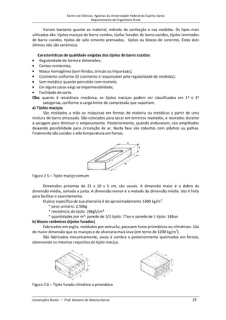 Centro de Ciências Agrárias da Universidade Federal do Espírito Santo
Departamento de Engenharia Rural
Construções Rurais – Prof. Giovanni de Oliveira Garcia 19
Variam bastante quanto ao material, método de confecção e nas medidas. Os tipos mais
utilizados são: tijolos maciços de barro cozidos, tijolos furados de barro cozidos, tijolos laminados
de barro cozidos, tijolos de solo cimento prensados, tijolos ou blocos de concreto. Estes dois
últimos não são cerâmicos.
Características de qualidade exigidas dos tijolos de barro cozidos:
Regularidade de forma e dimensões;
Cantos resistentes;
Massa homogênea (sem fendas, trincas ou impurezas);
Cozimento uniforme (O cozimento é responsável pela regularidade de medidas);
Som metálico quando percutido com martelo;
Em alguns casos exigi-se impermeabilidade;
Facilidade de corte.
Obs: quanto à resistência mecânica, os tijolos maciços podem ser classificados em 1ª e 2ª
categorias, conforme a carga limite de compressão que suportam.
a) Tijolos maciços
São moldados a mão ou máquinas em formas de madeira ou metálicas a partir de uma
mistura de barro amassada. São colocados para secar em terreiros nivelados, e revirados durante
a secagem para diminuir o empenamento. Posteriormente, quando endurecem, são empilhados
deixando possibilidade para circulação de ar. Nesta fase são cobertos com plástico ou palhas.
Finalmente são cozidos a alta temperatura em fornos.
Figura 2.5 – Tijolo maciço comum
Dimensões próximas de 21 x 10 x 5 cm, são usuais. A dimensão maior é o dobro da
dimensão média, somada a junta. A dimensão menor é a metade da dimensão média. Isto é feito
para facilitar o assentamento.
O peso específico de sua alvenaria é de aproximadamente 1600 kg/m3
.
* peso unitário: 2,50kg
* resistência do tijolo: 20kgf/cm²
* quantidades por m²: parede de 1/2 tijolo: 77un e parede de 1 tijolo: 148un
b) Blocos cerâmicos (tijolos furados)
Fabricados em argila, moldados por extrusão, possuem furos prismáticos ou cilíndricos. São
de maior dimensão que os maciços e de alvenaria mais leve (em torno de 1200 kg/m3
).
São fabricados mecanicamente, secos à sombra e posteriormente queimados em fornos,
observando os mesmos requisitos do tijolo maciço.
Figura 2.6 – Tijolo furado cilíndrico e prismático
 
