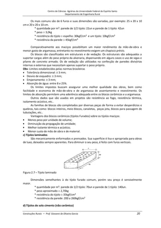 Centro de Ciências Agrárias da Universidade Federal do Espírito Santo
Departamento de Engenharia Rural
Construções Rurais – Prof. Giovanni de Oliveira Garcia 20
Os mais comuns são de 6 furos e suas dimensões são variadas, por exemplo: 25 x 20 x 10
cm e 20 x 20 x 10 cm.
* quantidade por m²: parede de 1/2 tijolo: 22un e parede de 1 tijolo: 42un
* peso 3,0kg
* resistência do tijolo espelho: 30kgf/cm² e um tijolo: 10kgf/cm²
* resistência da parede 45kgf/cm²
Comparativamente aos maciços possibilitam um maior rendimento da mão-de-obra e
menor gasto de argamassa, entretanto no revestimento exigem um chapisco prévio.
Os blocos são classificados em estruturais e de vedação. Os estruturais são adequados a
suportar cargas além do peso próprio da alvenaria, dispensando em alguns casos o uso de vigas e
pilares de concreto armado. Os de vedação são utilizados na confecção de paredes divisórias
internas e externas que necessitam apenas suportar o peso próprio.
Obs: Limites estabelecidos pelas normas brasileiras
Tolerância dimensional: ± 3 mm;
Desvio de esquadro: ± 3 mm;
Empenamento: ± 3 mm;
Absorção de água: entre 8 e 25%.
Os limites impostos buscam assegurar uma melhor qualidade das obras, bem como
facilidade e economia de mão-de-obra e de argamassa de assentamento e revestimento. Os
limites de absorção permitem uma aderência adequada entre os blocos cerâmicos e a argamassa.
Outros dados que são usados em projetos são resistência ao fogo, resistência térmica,
isolamento acústico, etc..
As famílias de blocos são completados por diversas peças de forma a evitar desperdícios e
quebras, tais como: blocos inteiros, meio blocos, canaletas, peças jota, blocos para passagem de
tubulações, etc..
Vantagens dos blocos cerâmicos (tijolos Furados) sobre os tijolos maciços:
Menos peso por unidade de volume;
Diminuição da propagação de umidade;
Melhor isolante térmico e acústico;
Menor custo de mão de obra e de material.
c) Tijolos laminados
São mecanicamente enformados e prensados. Sua superfície é lisa e apropriada para obras
de luxo, deixados sempre aparentes. Para diminuir o seu peso, é feito com furos verticais.
Figura 2.7 – Tijolo laminado
Dimensões semelhantes à do tijolo furado comum, porém seu preço é sensivelmente
maior.
* quantidade por m²: parede de 1/2 tijolo: 70un e parede de 1 tijolo: 140un.
* peso aproximado 2,70kg
* resistência do tijolo 35kgf/cm²
* resistência da parede: 200 a 260kgf/cm²
d) Tijolos de solo cimento (não cerâmico)
 