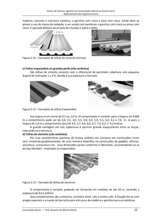 Centro de Ciências Agrárias da Universidade Federal do Espírito Santo
Departamento de Engenharia Rural
Construções Rurais – Prof. Giovanni de Oliveira Garcia 23
madeira, concreto e estrutura metálica; e ganchos com rosca e pino com rosca. Ainda deve se
prever o uso de massa de vedação, a ser usada com parafusos e ganchos com rosca ou pinos com
rosca. É aplicada debaixo da arruela de chumbo e sobre a telha.
Figura 2.11 – Exemplos de telhas de cimento aminato
c) Telhas trapezoidais ou grandes perfis (não cerâmica)
São telhas de cimento amianto com o diferencial de permitem cobertura com pequeno
ângulo de inclinação 1 a 3 %, devido à sua espessura e formato.
Figura 2.12 – Exemplos de telhas trapezoidais
Sua largura é em torno de 0,5 ou 1,0 m. O comprimento é variável: para a largura de 0,468
m o comprimento pode ser de 2,0, 2,5, 3,0, 3,5, 4,0, 4,5, 5,0, 5,5, 6,0, 6,5 e 7,0 m. Já para a
largura de 1,0 m o comprimento varia de 3,0, 3,7, 4,6, 6,0, 6,7, 7,4, 8,2 e 9,2 metros.
A grande vantagem em tais coberturas é permitir grande espaçamento entre as terças,
reduzindo-se a estrutura.
d) Telhas de alumínio (não cerâmica)
Por suas características positivas de leveza, estética seu consumo em construções rurais
vem crescendo gradativamente, de uma maneira específica na construções de galpões, oficinas,
avicultura, suinocultura etc.. Suas dimensões variam conforme o fabricante, recomendando-se as
do tipo Standart - onduladas ou trapezoidais.
Figura 2.13 – Exemplo de telhas de alumínio
O comprimento é variável, podendo ser fornecido em medidas de até 20 m, variando a
espessura de 0,4 a 0,8mm.
Seus complementos são cumeeiras, cumeeira shed, rufo e contra-rufo. A fixação faz-se com
pregos especiais e arruelas de borracha para estrutura de madeira e ganchos para as metálicas.
 