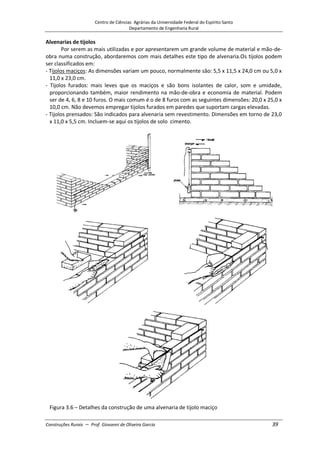 Centro de Ciências Agrárias da Universidade Federal do Espírito Santo
Departamento de Engenharia Rural
Construções Rurais – Prof. Giovanni de Oliveira Garcia 39
Alvenarias de tijolos
Por serem as mais utilizadas e por apresentarem um grande volume de material e mão-de-
obra numa construção, abordaremos com mais detalhes este tipo de alvenaria.Os tijolos podem
ser classificados em:
- Tijolos maciços: As dimensões variam um pouco, normalmente são: 5,5 x 11,5 x 24,0 cm ou 5,0 x
11,0 x 23,0 cm.
- Tijolos furados: mais leves que os maciços e são bons isolantes de calor, som e umidade,
proporcionando também, maior rendimento na mão-de-obra e economia de material. Podem
ser de 4, 6, 8 e 10 furos. O mais comum é o de 8 furos com as seguintes dimensões: 20,0 x 25,0 x
10,0 cm. Não devemos empregar tijolos furados em paredes que suportam cargas elevadas.
- Tijolos prensados: São indicados para alvenaria sem revestimento. Dimensões em torno de 23,0
x 11,0 x 5,5 cm. Incluem-se aqui os tijolos de solo cimento.
Figura 3.6 – Detalhes da construção de uma alvenaria de tijolo maciço
 