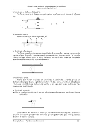 Centro de Ciências Agrárias da Universidade Federal do Espírito Santo
Departamento de Engenharia Rural
Construções Rurais – Prof. Giovanni de Oliveira Garcia 53
c) Resistência ao cisalhamento ou corte.
Verifica-se no corte de chapas, nos rebites, pinos, parafusos, nós de tesoura de telhados,
etc.
P/2 P
P/2
d) Resistência à flexão.
Verifica-se em vigas, postes engastados, etc.
P1 P2 P3
e) Resistência à flambagem.
Verifica-se nos elementos estruturais solicitados à compressão e que apresentem seção
transversal com dimensões reduzidas quando comparadas com o comprimento. Por exemplo:
colunas, escoras, pilares, hastes e outros elementos estruturais com cargas de compressão
atuando paralelamente ao eixo longitudinal da peça.
P
f) Resistência à torção.
Ocorre com menor freqüência em elementos de construção. A torção produz um
deslocamento angular de uma seção transversal em relação a outra. A resistência à torção está
relacionada à resistência ao cisalhamento. Verifica-se em vigas com cargas excêntricas, vigas
curvas, eixos, parafusos, etc.
g) Resistência composta.
Verifica-se em elementos estruturais que são submetidos simultaneamente por diversos tipos de
solicitações.
P1
P2
As resistências dos materiais de construção são determinadas em “Máquinas Universais de
Ensaios”, obedecendo procedimentos rotineiros, que são padronizados pela ABNT (Associação
Brasileira de Normas Técnicas).
 