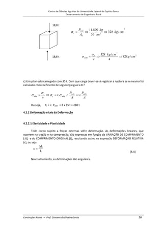 Centro de Ciências Agrárias da Universidade Federal do Espírito Santo
Departamento de Engenharia Rural
Construções Rurais – Prof. Giovanni de Oliveira Garcia 56
18,8 t
2
2
0
/
328
36
800
.
11
cm
kg
cm
kg
A
Pmáx
r
18,8 t
2
2
/
82
4
/
328
cm
kg
cm
kg
r
adm
c) Um pilar está carregado com 35 t. Com que carga dever-se-á registrar a ruptura se o mesmo foi
calculado com coeficiente de segurança igual a 8 ?
A
P
A
P adm
máx
adm
r
r
adm .
.
Ou seja, Pr = . Padm = 8 x 35 t = 280 t
4.2.2 Deformação e Leis da Deformação
4.2.2.1 Elasticidade e Plasticidade
Todo corpo sujeito a forças externas sofre deformação. As deformações lineares, que
ocorrem na tração e na compressão, são expressas em função da VARIAÇÃO DE COMPRIMENTO
( L) e do COMPRIMENTO ORIGINAL (L), resultando assim, na expressão DEFORMAÇÃO RELATIVA
( ), ou seja:
L
L (4.4)
No cisalhamento, as deformações são angulares.
 