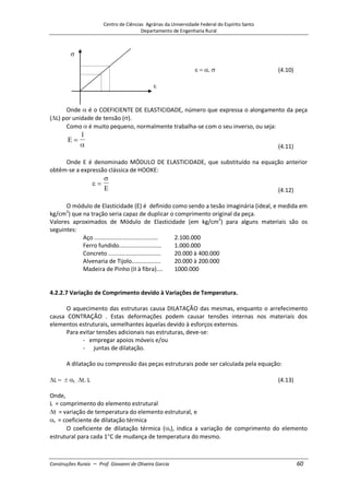 Centro de Ciências Agrárias da Universidade Federal do Espírito Santo
Departamento de Engenharia Rural
Construções Rurais – Prof. Giovanni de Oliveira Garcia 60
. (4.10)
Onde é o COEFICIENTE DE ELASTICIDADE, número que expressa o alongamento da peça
( L) por unidade de tensão ( ).
Como é muito pequeno, normalmente trabalha-se com o seu inverso, ou seja:
E
1
(4.11)
Onde E é denominado MÓDULO DE ELASTICIDADE, que substituído na equação anterior
obtêm-se a expressão clássica de HOOKE:
E (4.12)
O módulo de Elasticidade (E) é definido como sendo a tesão imaginária (ideal, e medida em
kg/cm2
) que na tração seria capaz de duplicar o comprimento original da peça.
Valores aproximados de Módulo de Elasticidade (em kg/cm2
) para alguns materiais são os
seguintes:
Aço ....................................... 2.100.000
Ferro fundido.......................... 1.000.000
Concreto ................................ 20.000 à 400.000
Alvenaria de Tijolo.................. 20.000 à 200.000
Madeira de Pinho (II à fibra).... 1000.000
4.2.2.7 Variação de Comprimento devido à Variações de Temperatura.
O aquecimento das estruturas causa DILATAÇÃO das mesmas, enquanto o arrefecimento
causa CONTRAÇÃO . Estas deformações podem causar tensões internas nos materiais dos
elementos estruturais, semelhantes àquelas devido à esforços externos.
Para evitar tensões adicionais nas estruturas, deve-se:
- empregar apoios móveis e/ou
- juntas de dilatação.
A dilatação ou compressão das peças estruturais pode ser calculada pela equação:
L t . t. L (4.13)
Onde,
L = comprimento do elemento estrutural
t = variação de temperatura do elemento estrutural, e
t = coeficiente de dilatação térmica
O coeficiente de dilatação térmica ( t), indica a variação de comprimento do elemento
estrutural para cada 1 C de mudança de temperatura do mesmo.
 
