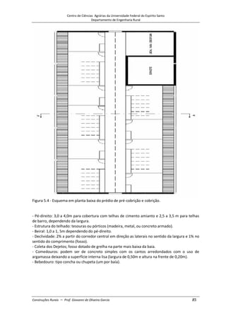 Centro de Ciências Agrárias da Universidade Federal do Espírito Santo
Departamento de Engenharia Rural
Construções Rurais – Prof. Giovanni de Oliveira Garcia 85
Figura 5.4 - Esquema em planta baixa do prédio de pré-cobrição e cobrição.
- Pé-direito: 3,0 a 4,0m para cobertura com telhas de cimento amianto e 2,5 a 3,5 m para telhas
de barro, dependendo da largura.
- Estrutura do telhado: tesouras ou pórticos (madeira, metal, ou concreto armado).
- Beiral: 1,0 a 1, 5m dependendo do pé-direito.
- Declividade: 2% a partir do corredor central em direção as laterais no sentido da largura e 1% no
sentido do comprimento (fosso).
- Coleta dos Dejetos; fosso dotado de grelha na parte mais baixa da baia.
- Comedouros: podem ser de concreto simples com os cantos arredondados com o uso de
argamassa deixando a superfície interna lisa (largura de 0,50m e altura na frente de 0,20m).
- Bebedouro: tipo concha ou chupeta (um por baía).
 