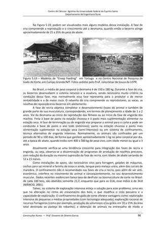 Centro de Ciências Agrárias da Universidade Federal do Espírito Santo
Departamento de Engenharia Rural
Construções Rurais – Prof. Giovanni de Oliveira Garcia 96
Na Figura 5.19, podem ser visualizados mais alguns modelos dessa instalação. A fase de
cria compreende a reprodução e o crescimento até a desmama, quando então o bezerro atinge
aproximadamente de 25 a 35% do peso de abate.
Figura 5.19 – Modelos de “Creep Feeding” em Tortuga e no Centro Nacional de Pesquisa de
Gado de Corte, em Campo Grande/MT. Fotos cedidas pelo Prof. Júlio César de Souza da UFPR.
No Brasil, a média de peso corporal à desmama é de 150 a 180 kg. Durante a fase de cria,
os bezerros desenvolvem o sistema nervoso e a ossatura, sendo necessário muito critério na
condução dessa fase, mas normalmente essa fase representa para o produtor a de menor
rentabilidade e a de maior risco. O rebanho de cria compreende os reprodutores, as vacas, as
novilhas de reposição e os bezerros em aleitamento.
A fase de recria objetiva completar o desenvolvimento ósseo do animal e também de
grande parte de sua musculatura, correspondendo, em termos de planejamento a idade de 1 a 2
anos. Vai da desmama ao início da reprodução das fêmeas ou ao início da fase de engorda dos
machos. Feita à base de pasto na estação chuvosa e à pasto mais suplementação alimentar na
estação seca. A fase de terminação ou de engorda visa preparar o animal para o corte e pode ser
conduzida à base de pasto o ano todo (extensivo), pasto na estação chuvosa e pasto mais
alimentação suplementar na estação seca (semi-intensivo) ou em sistema de confinamento,
técnica alternativa de engorda intensiva. Normalmente, os animais são confinados per um
período de 90 a 100 dias, de forma que ganhem aproximadamente 1 kg no peso corporal por dia,
até a época do abate, quando estão com 400 a 500 kg de peso vivo, com idade menor ou igual a 3
anos.
Atualmente verifica-se uma tendência crescente para integração das fases de recria e
engorda, ou seja, observa-se a disseminação de programas de produção de novilhos precoces,
com redução da duração ou mesmo supressão da fase de recria, com idades de abate variando de
12 a 15 meses.
Como instalações de apoio, são necessários silos para forragem, galpões de máquinas,
cochos para sal mineral e farinha de ossos e ainda, tanque para melaço-uréia, além dos currais de
manobra. O confinamento não é recomendado nas fases de cria a recria, pois além de ser anti-
econômico, interfere no movimento do animal e conseqüentemente, no seu desenvolvimento
muscular. Dados recentes evidenciam baixa taxa de desfrute na bovinocultura de corte no Brasil:
de cada 100 bois, são abatidos somente 21,7, enquanto que para os EUA, esse índice é de 34,8
(MÂNCIO, 2001).
Talvez, no sistema de exploração intensiva esteja a solução para este problema, urna vez
que há alteração no ritmo do crescimento dos bois, o que modifica o ciclo pecuário e a
capacidade de exploração. O confinamento do gado de corte oferece vantagens como: exploração
intensiva de pequenas a médias propriedades (com tecnologia adequada); exploração racional de
recursos forrageiros (como por exemplo, produção de volumosos e/ou grãos em 10 a 15% da área
total destinada ao pastejo do rebanho); a obtenção de animais na entressafra de modo a
 