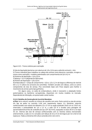 Centro de Ciências Agrárias da Universidade Federal do Espírito Santo
Departamento de Engenharia Rural
Construções Rurais – Prof. Giovanni de Oliveira Garcia 99
Figura 5.22 – Tronco coletivo para vacinação
4) Sala de Apartação (porteiras com abertura de 1,8 a 2,0 m para saída dos animais) = >4m.
5) Tronco individual (para trabalhos na cabeça dos animais como descorna, marcação, cirurgias a
outros como castração) = modelos patenteados com comprimentos de 3,0 a 4,2 m.
6) Porteiras de Apartação = 1,8 a 2,0 m.
7) Balança = 3,5 m (depende do fabricante).
8) Porteira de Apartação = 1,8 a 2,0 m.
9) Embarcadouro = rampa de comprimento > 3,0 m, 1,0 a 1,2 m de largura a diferença de nível de
0,9 a 1,1 m (altura da carroceria do caminhão). Também cercado com tábuas, como os outros
componentes do eixo de serviço. Piso concretado (laje) com frisos (áspero para facilitar o
movimento do animal; porta tipo guilhotina.
Em alguns casos, na saída do embarcadouro, ainda é necessário a adaptação bretes
pulverizadores ou banheiros carrapaticidas, disponíveis em muitos modelos no mercado.
Dependendo da infestação, um pulverizador costal resolve.
5.3.4.1 Detalhes da Construção do Curral de Manobras
a) Piso: terra natural, cascalho ou mistura de cascalho com areia. Parte central ou eixo de serviço
em laje de pedra ou concreto 1:4:8 com capeamento áspero 1:3. Divisórias: externas
confeccionadas com esteios de diâmetro 15 a 17 cm ou seção quadrada 15x15 cm ou 17x17 cm,
enterrados a profundidade de 1,0 a 1,5 m, a cada 2,0 m e furados para passagem de
aproximadamente 8 fios de cordoalha de aço 1/4" (6,4 mm), espaçados na base 20 cm a no topo
35 cm. Internas (do eixo de serviço) confeccionadas com os mesmos esteios mencionados
anteriormente, a cada 1,5 m e cercados com tábuas de 15 a 17 cm de largura por 3,5 a 4,0 cm de
espessura. Todas as divisórias têm altura variando entre 1,8 a 2,0 m.
 