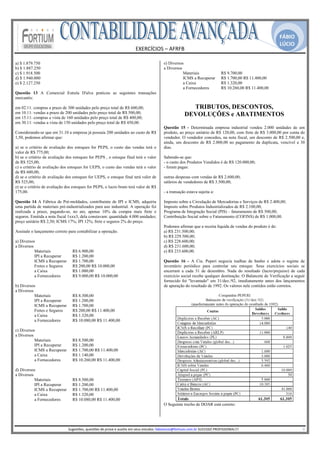 FÁBIO
                                                                                                                                                                                                LÚCIO
                                                                                  EXERCÍCIOS – AFRFB 
                                                                                            
a) $ 1.879.750                                                                                           e) Diversos
b) $ 1.887.250                                                                                           a Diversos
c) $ 1.918.500                                                                                                      Materiais                       R$ 9.700,00
d) $ 1.940.000                                                                                                      ICMS a Recuperar                R$ 1.700,00 R$ 11.400,00
e) $ 2.127.250                                                                                                      a Caixa                         R$ 1.320,00
                                                                                                                    a Fornecedores                  R$ 10.260,00 R$ 11.400,00
Questão 13 A Comercial Estrela D'alva praticou as seguintes transações
mercantis:
                                                                                                          
em 02.11: compras a prazo de 300 unidades pelo preço total de R$ 600,00;                                                  TRIBUTOS, DESCONTOS,
em 10.11: vendas a prazo de 200 unidades pelo preço total de R$ 500,00;                                                 DEVOLUÇÕES e ABATIMENTOS
em 15.11: compras a vista de 160 unidades pelo preço total de R$ 400,00;
em 30.11: vendas a vista de 150 unidades pelo preço total de R$ 450,00.
                                                                                                         Questão 15 - Determinada empresa industrial vendeu 2.000 unidades de um
Considerando-se que em 31.10 a empresa já possuía 200 unidades ao custo de R$                            produto, ao preço unitário de R$ 120,00, com frete de R$ 3.000,00 por conta do
1,50, podemos afirmar que:                                                                               vendedor. O vendedor concedeu, na nota fiscal, um desconto de R$ 2.500,00 e,
                                                                                                         ainda, um desconto de R$ 2.000,00 no pagamento da duplicata, vencível a 30
a) se o critério de avaliação dos estoques for PEPS, o custo das vendas terá o                           dias.
valor de R$ 775,00;
b) se o critério de avaliação dos estoques for PEPS , o estoque final terá o valor                       Sabendo-se que:
de R$ 525,00;                                                                                            - o custo dos Produtos Vendidos é de R$ 120.000,00;
c) o critério de avaliação dos estoques for UEPS, o custo das vendas terá o valor                        - foram pagas:
de R$ 600,00;
d) se o critério de avaliação dos estoques for UEPS, o estoque final terá valor de                       outras despesas com vendas de R$ 2.600,00;
R$ 525,00;                                                                                               salários de vendedores de R$ 3.500,00;
e) se o critério de avaliação dos estoques for PEPS, o lucro bruto terá valor de R$
175,00.                                                                                                  - a transação estava sujeita a:

Questão 14 A Fábrica de Pré-moldados, contribuinte de IPI e ICMS, adquiriu                               Imposto sobre a Circulação de Mercadorias e Serviços de R$ 2.400,00;
uma partida de materiais pré-industrializados para uso industrial. A operação foi                        Imposto sobre Produtos Industrializados de R$ 2.100,00;
realizada a prazo, pagando-se, no ato, apenas 10% da compra mais frete e                                 Programa de Integração Social (PIS) – faturamento de R$ 500,00;
seguros. Emitida a nota fiscal 1xxx3, dela constavam: quantidade 4.000 unidades;                         Contribuição Social sobre o Faturamento (COFINS) de R$ 1.000,00.
preço unitário R$ 2,50; ICMS 17%; IPI 12%; frete e seguros 2% do preço.
                                                                                                         Podemos afirmar que a receita líquida de vendas do produto é de:
Assinale o lançamento correto para contabilizar a operação.                                              a) R$ 231.500,00;
                                                                                                         b) R$ 229.500,00;
a) Diversos                                                                                              c) R$ 228.600,00;
a Diversos                                                                                               d) R$ 231.600,00;
           Materiais              R$ 6.900,00                                                            e) R$ 233.600,00.
           IPI a Recuperar        R$ 1.200,00
           ICMS a Recuperar       R$ 1.700,00                                                            Questão 16 - A Cia. Peperi negocia toalhas de banho e adota o regime de
           Fretes e Seguros       R$ 200,00 R$ 10.000,00                                                 inventário periódico para controlar seu estoque. Seus exercícios sociais se
           a Caixa                R$ 1.000,00                                                            encerram a cada 31 de dezembro. Nada do resultado (lucro/prejuízo) de cada
           a Fornecedores         R$ 9.000,00 R$ 10.000,00                                               exercício social recebe qualquer destinação. O Balancete de Verificação a seguir
                                                                                                         fornecido foi "levantado" em 31/dez./92, imediatamente antes dos lançamentos
b) Diversos                                                                                              de apuração do resultado de 1992. Os valores nele contidos estão corretos.
a Diversos
           Materiais              R$ 8.300,00
           IPI a Recuperar        R$ 1.200,00
           ICMS a Recuperar       R$ 1.700,00
           Fretes e Seguros       R$ 200,00 R$ 11.400,00
           a Caixa                R$ 1.320,00
           a Fornecedores         R$ 10.080,00 R$ 11.400,00

c) Diversos
a Diversos
           Materiais              R$ 8.500,00
           IPI a Recuperar        R$ 1.200,00
           ICMS a Recuperar       R$ 1.700,00 R$ 11.400,00
           a Caixa                R$ 1.140,00
           a Fornecedores         R$ 10.260,00 R$ 11.400,00

d) Diversos
a Diversos
           Materiais              R$ 8.500,00
           IPI a Recuperar        R$ 1.200,00
           ICMS a Recuperar       R$ 1.700,00 R$ 11.400,00
           a Caixa                R$ 1.320,00
           a Fornecedores         R$ 10.080,00 R$ 11.400,00
                                                                                                         O Seguinte trecho de DOAR está correto:



                                                                                                      
                               Sugestões, questões de prova e auxilio em seus estudos: fabiolucio@fortium.com.br SUCESSO PROFISSIONAL!!!                                                                           3 
 