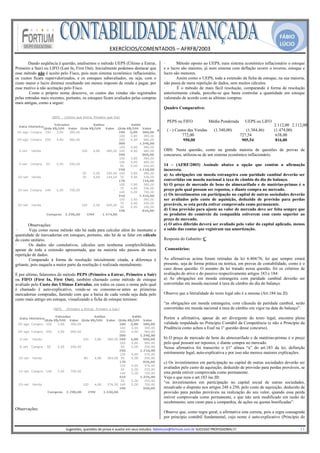 FÁBIO
                                                                                                                                                                                               LÚCIO
                                                              EXERCÍCIOS/COMENTADOS – AFRFB/2003 
                                                                               
        Dando seqüência à questão, analisemos o método UEPS (Último a Entrar,                           ·      Método oposto ao UEPS, num sistema econômico inflacionário o estoque
Primeiro a Sair) ou LIFO (Last In, First Out). Inicialmente podemos destacar que                        e o lucro são maiores, já num sistema com deflação ocorre o inverso, estoque e
esse método não é aceito pelo Fisco, pois num sistema econômico inflacionário,                          lucro são menores.
os custos ficam supervalorizados, e os estoques subavaliados, ou seja, com o                            ·      Assim como o UEPS, toda a extensão da ficha de estoque, na sua maioria,
custo maior o lucro diminui resultando em menos imposto de renda a pagar, por                           não passa de mera repetição de dados, sem muitos cálculos.
esse motivo à não aceitação pelo Fisco.                                                                 ·       É o método de mais fácil resolução, comparando à forma de resolução
        Como o próprio nome descreve, os custos das vendas são registrados                              anteriormente citada, percebe-se que basta controlar a quantidade em estoque
pelas entradas mais recentes, portanto, os estoques ficam avaliados pelas compras                       valorando de acordo com as ultimas compras.
mais antigas, como a seguir:
                                                                                                        Quadro Comparativo:


                                                                                                          PEPS ou FIFO                   Média Ponderada             UEPS ou LIFO
                                                                                                                                                                                           2.112,00 2.112,00
                                                                             Vendas Liquidas              ( - ) Custos das Vendas             (1.340,00)            (1.384,46)             (1.474,00)
                                                                             Resultado                              772,00                                       727,54                     638,00
                                                                             Estoque Final                          950,00                                        905,54                    816,00

                                                                                                        OBS: Nesta questão, como na grande maioria de questões de provas de
                                                                                                        concursos, utilizou-se de um sistema econômico inflacionário.

                                                                                                        14 – (AFRF/2003) Assinale abaixo a opção que contém a afirmação
                                                                                                        incorreta.
                                                                                                        a) As obrigações em moeda estrangeira com paridade cambial deverão ser
                                                                                                        convertidas em moeda nacional à taxa de câmbio do dia do balanço.
                                                                                                        b) O preço de mercado de bens do almoxarifado e de matérias-primas é o
                                                                                                        preço pelo qual possam ser repostos, e diante compra no mercado.
                                                                                                        c) Os investimentos em participação no capital de outras sociedades deverão
                                                                                                        ser avaliados pelo custo de aquisição, deduzido de provisão para perdas
                                                                                                        prováveis, se esta perda estiver comprovada como permanente.
                                                                                                        d) Uma provisão para ajuste ao valor de mercado deve ser feita sempre que
                                                                                                        os produtos do comércio da companhia estiverem com custo superior ao
                                                                                                        preço de mercado.
        Observações:                                                                                    e) O ativo diferido deverá ser avaliado pelo valor do capital aplicado, menos
 ·      Veja como nesse método não há nada para calcular além do montante e                             o saldo das contas que registram sua amortização.
quantidade de mercadorias em estoques, portanto, não há de se falar em cálculo
do custo unitário.                                                                                      Resposta do Gabarito: C
·       Os dados são cumulativos, cálculos sem nenhuma complexibilidade,
apesar de toda a extensão apresentada, que na maioria não passou de mera                                Comentários:
repetição de dados.
·       Comparado à forma de resolução inicialmente citada, a diferença é                               As afirmativas acima foram retiradas da lei 6.404/76, lei que sempre estará
gritante, pois naquela a maior parte da resolução é realizada mentalmente.                              presente, seja de forma prática ou teórica, em provas de contabilidade, como é o
                                                                                                        caso dessa questão. O assunto da lei tratado nessa questão, foi os critérios de
E por ultimo, falaremos do método PEPS (Primeiro a Entrar, Primeiro a Sair)                             avaliação do ativo e do passivo respectivamente artigos 183 e 184:
ou FIFO (First In, First Out), também chamado como método de estoque                                    a) As obrigações em moeda estrangeira com paridade cambial deverão ser
avaliado pelo Custo das Ultimas Entradas, em todos os casos o nome pelo qual                            convertidas em moeda nacional à taxa de câmbio do dia do balanço.
é chamado é auto-explicativo, vende-se ou consome-se antes as primeiras
mercadorias compradas, fazendo com que a baixa de cada venda seja dada pelo                             Observe que a literalidade do texto legal não é a mesma (Art.184 inc.II):
custo mais antigo em estoque, visualizando a ficha de estoque teremos:
                                                                                                        “as obrigações em moeda estrangeira, com cláusula de paridade cambial, serão
                                                                                                        convertidas em moeda nacional à taxa de câmbio em vigor na data do balanço”.

                                                                                                        Porém a afirmativa, apesar de ser divergente do texto legal, encontra plena
                                                                                                        validade respaldada no Princípio Contábil da Competência (e não o Princípio da
                                                                                                        Prudência como achou a Esaf na 1a questão desse concurso).

                                                                                                        b) O preço de mercado de bens do almoxarifado e de matérias-primas é o preço
                                                                                                        pelo qual possam ser repostos, e diante compra no mercado.
                                                                                                        Nessa afirmativa foi transcrito o §1º alínea “a” do art.183 da lei, definição
                                                                                                        estritamente legal, auto-explicativa e por isso não merece maiores explicações.

                                                                                                        c) Os investimentos em participação no capital de outras sociedades deverão ser
                                                                                                        avaliados pelo custo de aquisição, deduzido de provisão para perdas prováveis, se
                                                                                                        esta perda estiver comprovada como permanente.
                                                                                                        Veja o que reza o art.183 inc.III:
                                                                                                        “os investimentos em participação no capital social de outras sociedades,
                                                                                                        ressalvado o disposto nos artigos 248 a 250, pelo custo de aquisição, deduzido de
                                                                                                        provisão para perdas prováveis na realização do seu valor, quando essa perda
                                                                                                        estiver comprovada como permanente, e que não será modificado em razão do
                                                                                                        recebimento, sem custo para a companhia, de ações ou quotas bonificadas”.
Observações:
                                                                                                        Observe que, como regra geral, a afirmativa esta correta, pois a regra consagrada
                                                                                                        por princípio contábil fundamental, cujo nome é auto-explicativo (Princípio do
                                                                                                     
                             Sugestões, questões de prova e auxilio em seus estudos: fabiolucio@fortium.com.br SUCESSO PROFISSIONAL!!!                                                                           11 
 