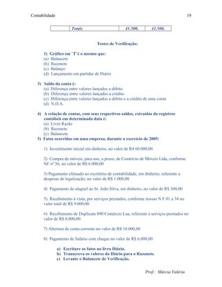 Contabilidade
Totais 41.500, 41.500,
Testes de Verificação:
1) Gráfico em ¨T¨é o mesmo que:
(a) Balancete
(b) Razonete
(c) Balanço
(d) Lançamento em partidas de Diário
3) Saldo da conta é:
(a) Diferença entre valores lançados a débito
(b) Diferença entre valores lançados a crédito
(c) Diferença entre valores lançados a débito e a crédito de uma conta
(d) N.D.A.
4) A relação de contas, com seus respectivos saldos, extraídas do registros
contábeis em determinada data é:
(a) Livro Razão
(b) Razonete
(c) Balancete
5) Fatos ocorridos em uma empresa, durante o exercício de 2005:
1) Investimento inicial em dinheiro, no valor de R4 60.000,00
2) Compra de móveis, para uso, a prazo, de Comércio de Móveis Ltda, conforme
NF nº 56, no valor de R$ 6.000,00
3) Pagamento efetuado ao escritório de contabilidade, em dinheiro, referente a
despesas de legalização, no valor de R$ 1.000,00
4) Pagamento de aluguel ao Sr. João Silva, em dinheiro, no valor de R$ 300,00
5) Recebimento à vista, por serviços prestados, conforme nossas N F 01 a 34 no
valor total de R$ 9.000,00
6) Recebimento de Duplicata 890 Comércio Lua, referente a serviços prestados no
valor de R$ 6.000,00
7) Abertura de conta corrente no valor de R$ 10.000,00
8) Pagamento de Salário com cheque no valor de R$ 6.000,00
a) Escriture os fatos no livro Diário.
b) Transcreva os valores do Diário para o Razonete.
c) Levante o Balancete de Verificação.
Prof.: Márcia Valéria
19
 