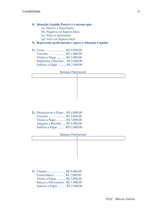 Contabilidade
4) Situação Líquida Passiva é o mesmo que:
(a) Passivo a Descoberto
(b) Negativa ou Superavitária
(c) Nula ou Inexistente
(d) Ativa ou Superavitária
5) Represente graficamente e apure a Situação Líquida:
1) Caixa .......................... R$ 4.000,00
Veículos ..................... R$ 1.000,00
Títulos a Pagar ........... R$ 3.000,00
Duplicatas a Receber .. R$ 6.000,00
Salários a Pagar .......... R$ 2.000,00
Balanço Patrimonial
2) Promissórias a Pagar .. R$ 4.000,00
Veículos ..................... R$ 3.000,00
Títulos a Pagar ........... R$ 7.000,00
Aluguéis a Receber .... R$ 6.000,00
Salários a Pagar ......... R$12.000,00
Balanço Patrimonial
3) Clientes ...................... R$ 4.000,00
Fornecedores ............. R$ 1.000,00
Títulos a Pagar ........... R$ 3.000,00
Bancos c/Movimento.. R$ 1.000,00
Salários a Pagar .......... R$ 2.000,00
Prof.: Márcia Valéria
6
 