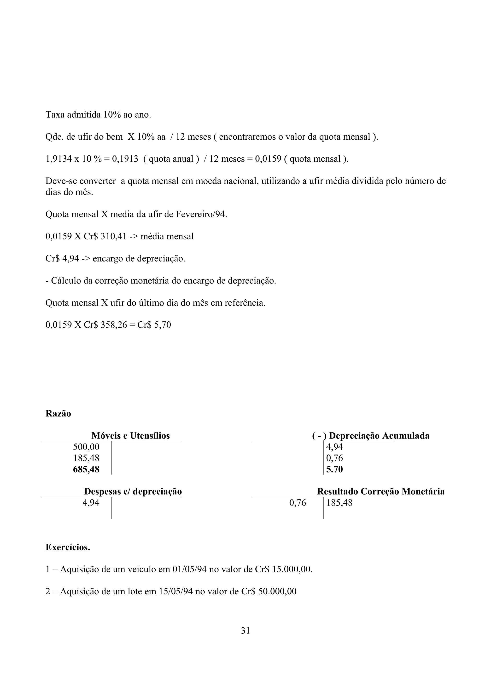 Taxa admitida 10% ao ano.

Qde. de ufir do bem X 10% aa / 12 meses ( encontraremos o valor da quota mensal ).

1,9134 x 10 % = 0,1913 ( quota anual ) / 12 meses = 0,0159 ( quota mensal ).

Deve-se converter a quota mensal em moeda nacional, utilizando a ufir média dividida pelo número de
dias do mês.

Quota mensal X media da ufir de Fevereiro/94.

0,0159 X Cr$ 310,41 -> média mensal

Cr$ 4,94 -> encargo de depreciação.

- Cálculo da correção monetária do encargo de depreciação.

Quota mensal X ufir do último dia do mês em referência.

0,0159 X Cr$ 358,26 = Cr$ 5,70




Razão

            Móveis e Utensílios                                     ( - ) Depreciação Acumulada
        500,00                                                           4,94
        185,48                                                           0,76
        685,48                                                           5.70

          Despesas c/ depreciação                                    Resultado Correção Monetária
          4,94                                               0,76      185,48



Exercícios.

1 – Aquisição de um veículo em 01/05/94 no valor de Cr$ 15.000,00.

2 – Aquisição de um lote em 15/05/94 no valor de Cr$ 50.000,00



                                                 31
 