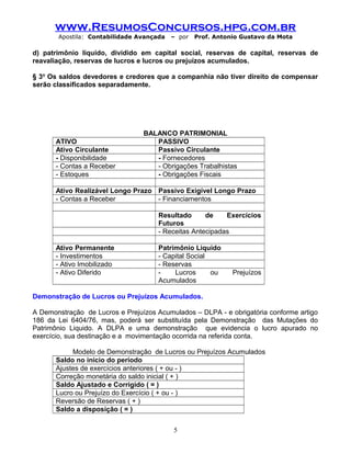 www.ResumosConcursos.hpg.com.br
Apostila: Contabilidade Avançada – por Prof. Antonio Gustavo da Mota
d) patrimônio líquido, dividido em capital social, reservas de capital, reservas de
reavaliação, reservas de lucros e lucros ou prejuízos acumulados.
§ 3o
Os saldos devedores e credores que a companhia não tiver direito de compensar
serão classificados separadamente.
BALANCO PATRIMONIAL
ATIVO PASSIVO
Ativo Circulante Passivo Circulante
- Disponibilidade - Fornecedores
- Contas a Receber - Obrigações Trabalhistas
- Estoques - Obrigações Fiscais
Ativo Realizável Longo Prazo Passivo Exigível Longo Prazo
- Contas a Receber - Financiamentos
Resultado de Exercícios
Futuros
- Receitas Antecipadas
Ativo Permanente Patrimônio Liquido
- Investimentos - Capital Social
- Ativo Imobilizado - Reservas
- Ativo Diferido - Lucros ou Prejuízos
Acumulados
Demonstração de Lucros ou Prejuízos Acumulados.
A Demonstração de Lucros e Prejuízos Acumulados – DLPA - e obrigatória conforme artigo
186 da Lei 6404/76, mas, poderá ser substituída pela Demonstração das Mutações do
Patrimônio Liquido. A DLPA e uma demonstração que evidencia o lucro apurado no
exercício, sua destinação e a movimentação ocorrida na referida conta.
Modelo de Demonstração de Lucros ou Prejuízos Acumulados
Saldo no inicio do período
Ajustes de exercícios anteriores ( + ou - )
Correção monetária do saldo inicial ( + )
Saldo Ajustado e Corrigido ( = )
Lucro ou Prejuízo do Exercício ( + ou - )
Reversão de Reservas ( + )
Saldo a disposição ( = )
5
 