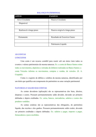 BALANÇO PATRIMONIAL
ATIVO                                      PASSIVO
  Ativo Circulante                           Passivo Circulante
    Disponivel


    Realizavel a longo prazo                 Passivo exigivel a longo prazo


    Permanente                               Resultado de Exercício Futuro


                                             Patrimonio Líquido




AS CONTAS
CONCEITOS
       Uma conta é um recurso contábil para reunir sob um único item todos os
eventos e valores patrimoniais de mesma natureza. Ex: a conta do Banco Santos reúne
todos os movimentos, depósitos e retiradas de dinheiro realizadas no Banco Santos; a
conta Veículos informa os movimentos, compras e vendas, de veículos. (S. A.
Crepaldi).
       Conta é o registro de débitos e créditos da mesma natureza, identificados por
um título que qualifica um componente do patrimônio ou uma variação patrimonial.


NATUREZA E SALDO DAS CONTAS
       As contas devedoras (aplicação) são as representativas dos bens, direitos,
despesas e custos. Possuem permanentemente saldo devedor, devendo ser primeiro
debitadas e depois creditadas. Ex: caixa, bancos, mercadorias, salários e custos dos
produtos vendidos.
       As contas credoras são as representativas das obrigações, do patrimônio
líquido, das receitas e dos ganhos. Possuem permanentemente saldo credor, devendo
ser primeiro creditadas e depois debitadas. Ex: salários a pagar, imposto a pagar,
fornecedores e juros recebidos.
 