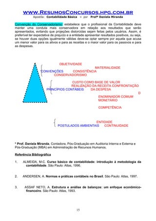 www.ResumosConcursos.hpg.com.br
             Apostila: Contabilidade Básica       – por   Profª Daniela Miranda

Convenção do Conservadorismo: estabelece que o profissional da Contabilidade deve
manter uma conduta mais conservadora em relação aos resultados que serão
apresentados, evitando que projeções distorcidas sejam feitas pelos usuários. Assim, é
preferível ter expectativa de prejuízo e a entidade apresentar resultados positivos, ou seja,
se houver duas opções igualmente válidas deve-se optar sempre por aquela que acusa
um menor valor para os ativos e para as receitas e o maior valor para os passivos e para
as despesas.




                                OBJETIVIDADE
                                             MATERIALIDADE
                   CONVENÇÕES     CONSISTÊNCIA
                         CONSERVADORISMO

                                     CUSTO COMO BASE DE VALOR
                                     REALIZAÇÃO DA RECEITA CONFRONTAÇÃO
                       PRINCÍPIOS CONTÁBEIS    DA DESPESA
                                                                       D
                                                   ENOMINADOR COMUM
                                                   MONETÁRIO

                                                               COMPETÊNCIA



                                                  ENTIDADE
                               POSTULADOS AMBIENTAIS  CONTINUIDADE




* Prof. Daniela Miranda, Contadora, Pós-Graduação em Auditoria Interna e Externa e
Pós-Graduação (MBA) em Administração de Recursos Humanos.

Referência Bibliográfica

1.   ALMEIDA, M.C. Curso básico de contabilidade: introdução à metodologia da
       contabilidade. São Paulo: Atlas, 1996.


2.   ANDERSEN, A. Normas e práticas contábeis no Brasil. São Paulo: Atlas, 1997.


3.     ASSAF NETO, A. Estrutura e análise de balanços: um enfoque econômico-
        financeiro. São Paulo: Atlas, 1993.




                                             15
 