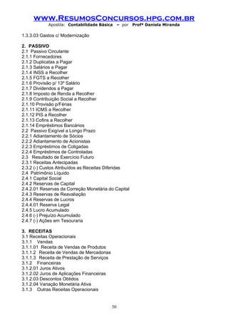 www.ResumosConcursos.hpg.com.br
            Apostila: Contabilidade Básica      – por   Profª Daniela Miranda

1.3.3.03 Gastos c/ Modernização

2. PASSIVO
2.1 Passivo Circulante
2.1.1 Fornecedores
2.1.2 Duplicatas a Pagar
2.1.3 Salários a Pagar
2.1.4 INSS a Recolher
2.1.5 FGTS a Recolher
2.1.6 Provisão p/ 13º Salário
2.1.7 Dividendos a Pagar
2.1.8 Imposto de Renda a Recolher
2.1.9 Contribuição Social a Recolher
2.1.10 Provisão p/Férias
2.1.11 ICMS a Recolher
2.1.12 PIS a Recolher
2.1.13 Cofins a Recolher
2.1.14 Empréstimos Bancários
2.2 Passivo Exigível a Longo Prazo
2.2.1 Adiantamento de Sócios
2.2.2 Adiantamento de Acionistas
2.2.3 Empréstimos de Coligadas
2.2.4 Empréstimos de Controladas
2.3 Resultado de Exercício Futuro
2.3.1 Receitas Antecipadas
2.3.2 (-) Custos Atribuídos as Receitas Diferidas
2.4 Patrimônio Líquido
2.4.1 Capital Social
2.4.2 Reservas de Capital
2.4.2.01 Reservas da Correção Monetária do Capital
2.4.3 Reservas de Reavaliação
2.4.4 Reservas de Lucros
2.4.4.01 Reserva Legal
2.4.5 Lucro Acumulado
2.4.6 (-) Prejuízo Acumulado
2.4.7 (-) Ações em Tesouraria

3. RECEITAS
3.1 Receitas Operacionais
3.1.1 Vendas
3.1.1.01 Receita de Vendas de Produtos
3.1.1.2 Receita de Vendas de Mercadorias
3.1.1.3 Receita de Prestação de Serviços
3.1.2 Financeiras
3.1.2.01 Juros Ativos
3.1.2.02 Juros de Aplicações Financeiras
3.1.2.03 Descontos Obtidos
3.1.2.04 Variação Monetária Ativa
3.1.3 Outras Receitas Operacionais


                                           30
 