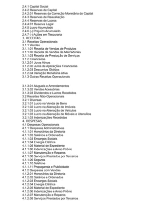 2.4.1 Capital Social
2.4.2 Reservas de Capital
2.4.2.01 Reservas da Correção Monetária do Capital
2.4.3 Reservas de Reavaliação
2.4.4 Reservas de Lucros
2.4.4.01 Reserva Legal
2.4.5 Lucro Acumulado
2.4.6 (-) Prejuízo Acumulado
2.4.7 (-) Ações em Tesouraria
3. RECEITAS
3.1 Receitas Operacionais
3.1.1 Vendas
3.1.1.01 Receita de Vendas de Produtos
3.1.1.02 Receita de Vendas de Mercadorias
3.1.1.03 Receita de Prestação de Serviços
3.1.2 Financeiras
3.1.2.01 Juros Ativos
3.1.2.02 Juros de Aplicações Financeiras
3.1.2.03 Descontos Obtidos
3.1.2.04 Variação Monetária Ativa
3.1.3 Outras Receitas Operacionais
3.1.3.01 Alugueis e Arrendamentos
3.1.3.02 Vendas Acessórias
3.1.3.03 Dividendos e Lucros Recebidos
3.2 Receitas Não-Operacionais
3.2.1 Diversas
3.2.1.01 Lucro na Venda de Bens
3.2.1.02 Lucro na Alienação de Imóveis
3.2.1.03 Lucro na Alienação de Veículos
3.2.1.03 Lucro na Alienação de Móveis e Utensílios
3.2.1.03 Indenizações Recebidas
4. DESPESAS
4.1 Despesas Operacionais
4.1.1 Despesas Administrativas
4.1.1.01 Honorários da Diretoria
4.1.1.02 Salários e Ordenados
4.1.1.03 Encargos Sociais
4.1.1.04 Energia Elétrica
4.1.1.05 Material de Expediente
4.1.1.06 Indenizações e Aviso Prévio
4.1.1.07 Manutenção e Reparos
4.1.1.08 Serviços Prestados por Terceiros
4.1.1.09 Seguros
4.1.1.10 Telefone
4.1.1.11 Propaganda e Publicidade
4.1.2 Despesas com Vendas
4.1.2.01 Honorários da Diretoria
4.1.2.02 Salários e Ordenados
4.1.2.03 Encargos Sociais
4.1.2.04 Energia Elétrica
4.1.2.05 Material de Expediente
4.1.2.06 Indenizações e Aviso Prévio
4.1.2.07 Manutenção e Reparos
4.1.2.08 Serviços Prestados por Terceiros
 