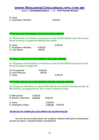 www.ResumosConcursos.hpg.com.br
Apostila: Contabilidade Básica

D: Caixa
C: Duplicatas a Receber

– por

Profª Daniela Miranda

4.000,00

2º Fórmula: uma conta debita e mais de uma conta creditada.
Ex: Recebimento, em dinheiro, de duplicatas no valor de R$ 4.000,00, mais 10% de juros
devido ao atraso no pagamento efetuado pelo cliente.
D: Caixa
C: Duplicatas a Receber
C: Juros Ativos

4.400,00
4.000,00
400,00

3º Fórmula: mais de uma conta debitada e uma conta creditada.
Ex: Pagamento de fornecedores, em dinheiro no valor de R$ 4.000,00 mais juros de 10%
devido ao atraso no pagamento.
D: Fornecedores
D: Juros Passivos
C: Caixa

4.000,00
400,00
4.400,00

4º Fórmula: mais de uma conta debitada e mais de uma conta creditada.
Ex: Compra de mercadorias no valor de R$ 2.000,00 e de móveis e utensílios no valor de
R$ 3.000,00, com pagamento de 50% à vista e o restante à prazo.
D: Mercadorias
D: Móveis e Utensílios
C: Caixa
C: Duplicatas a Pagar

2.000,00
3.000,00

5.000,00
2.500,00
2.500,00

5.000,00

TÉCNICAS DE CORREÇÃO DOS ERROS DE ESCRITURAÇÃO
Os erros de escrituração devem ser corrigidos mediante retificação de lançamento
através de estorno, complementação e transferência.

35

 