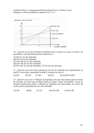 O gráfico abaixo é a imagem geométrica da relação Custo x Volume x Lucro
Interprete-o a fim de responder às questões 10,11 e 12.




10 – (Questão do provão) O Ponto de Equilíbrio entre a receita e os custos, em reais e em
quantidades, está representado pelo(s) segmentos(s):
(A) DC do eixo das ordenadas.
(B) ED do eixo das ordenadas.
(C) CB e BA do eixo das ordenadas.
(D) ED e DC do eixo das ordenadas.
(E) ED e DC do eixo das ordenadas; e EF do eixo das abscissas.

11 - (Questão do provão) O(s) segmento(s) do eixo das ordenadas que representa(m), no
gráfico, o lucro para a quantidade vendida G, expresso em reais, é:
(A) BA.        (B) CB       (C) DC          (D) ED         (E) ED,DC,CB,BA.

12 - (Questão do provão) A Margem de Segurança com que uma empresa opera é função
do montante de receita que ela pode perder até atingir o ponto de equilíbrio. Assim, na
situação indicada pelo gráfico, a Margem de Segurança está representada, em valores de
receita, pelo(s) segmento(s) do eixo das ordenadas:

(A) CB          (B) DC       (C) ED          (D) CB e BA         (E) ED e DC




                                                                                     123
 