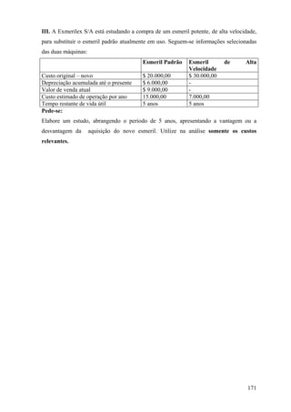 III. A Exmerilex S/A está estudando a compra de um esmeril potente, de alta velocidade,
para substituir o esmeril padrão atualmente em uso. Seguem-se informações selecionadas
das duas máquinas:
                                         Esmeril Padrão    Esmeril       de       Alta
                                                           Velocidade
Custo original – novo                    $ 20.000,00       $ 30.000,00
Depreciação acumulada até o presente     $ 6.000,00        -
Valor de venda atual                     $ 9.000,00        -
Custo estimado de operação por ano       15.000,00         7.000,00
Tempo restante de vida útil              5 anos            5 anos
Pede-se:
Elabore um estudo, abrangendo o período de 5 anos, apresentando a vantagem ou a
desvantagem da       aquisição do novo esmeril. Utilize na análise somente os custos
relevantes.




                                                                                   171
 