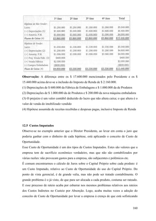 Observação: A diferença entre os $ 17.600.000 mencionados pelo Presidente e os $
15.440.000 acima deve-se a inclusão do Imposto de Renda de $ 2.160.000.
(1) Depreciações de $ 600.000 da Fábrica de Embalagens e $ 1.000.000 da de Produtos
(2) Depreciações de $ 1.000.000 da de Produtos e $ 200.000 da nova máquina embaladora
(3) O prejuízo é um valor contábil deduzido do lucro que não altera caixa; o que altera é o
valor de venda do imobilizado vendido
(4) Hipótese assumida de receitas recebidas e despesas pagas, inclusive Imposto de Renda




12.5 Custos Imputados
Observe-se no exemplo anterior que o Diretor Presidente, ao levar em conta o juro que
poderia ganhar com o dinheiro de cada hipótese, está aplicando o conceito de Custo de
Oportunidade.
Esse Custo de Oportunidade é um dos tipos de Custos Imputados. Estes são valores que a
empresa tem de sacrifício econômico verdadeiro, mas que não são contabilizados por
várias razões: não provocam gastos para a empresa, são subjacentes e polêmicos etc.
É comum encontrarmos o cálculo de Juros sobre o Capital Próprio sobre cada produto: é
um Custo Imputado, relativo ao Custo de Oportunidade do uso do Capital Próprio. Do
ponto de vista gerencial, é de grande valia, mas não pode ser tratado contabilmente. O
grande problema é o já visto, de que para ser alocada a cada produto, costuma ser rateado.
E esse processo de rateio acaba por esbarrar nos mesmos problemas relativos aos rateios
dos Custos Indiretos no Custeio por Absorção. Logo, acaba muitas vezes a adoção do
conceito de Custo de Oportunidade por levar a empresa à crença de que está sofisticando


                                                                                       160
 