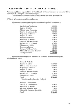 3. ESQUEMA BÁSICO DA CONTABILIDADE DE CUSTOS (I)
Vamos exemplificar o esquema básico da Contabilidade de Custos, lembrando ser esta parte relativa
à utilização de Custos para Avaliação de Estoques.
        (Salientamos que estamos trabalhando com o Método de Custeio por Absorção).

1º Passo: A Separação entre Custos e Despesas

       Suponhamos que estes sejam os gastos de determinado período da Empresa X:

                    Comissões de Vendedores                          $80.000
                    Salários de Fábrica                            $120.000
                    Matéria-prima Consumida                        $350.000
                    Salários da Administração                        $90.000
                    Depreciação na Fábrica                           $60.000
                    Seguros da Fábrica                               $10.000
                    Despesas Financeiras                             $50.000
                    Honorários da Diretoria                          $40.000
                    Materiais Diversos - Fábrica                     $15.000
                    Energia Elétrica – Fábrica                       $85.000
                    Manutenção – Fábrica                             $70.000
                    Despesas de Entrega                              $45.000
                    Correios, Telefone e Telex                        $5.000
                    Material de Consumo – Escritório              ___$5.000
                    Total gastos / abril                          $1.025.000

        A primeira tarefa é a separação dos Custos de Produção. Teremos então a seguinte
distribuição dos gastos:

                    Custos de Produção
                    Salários de Fábrica                             $120.000
                    Matéria-prima Consumida                         $350.000
                    Depreciação da Fábrica                           $60.000
                    Seguros da Fábrica                               $10.000
                    Materiais Diversos - Fábrica                     $15.000
                    Energia Elétrica – Fábrica                       $85.000
                    Manutenção – Fábrica                            _$70.000
                    Total                                           $710.000
                     (Estes integrarão o Custo dos Produtos)

                    Despesas Administrativas
                    Salários da Administração                        $90.000
                    Honorários da Diretoria                          $40.000
                    Correios, Telefone e Telex                        $5.000
                    Material de Consumo – Escritório               ___$5.000
                    Total                                           $140.000




                                                                                              29
 