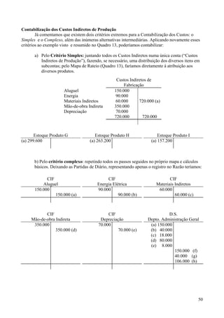 Contabilização dos Custos Indiretos de Produção
        Já comentamos que existem dois critérios extremos para a Contabilização dos Custos: o
Simples e o Complexo, além das inúmeras alternativas intermediárias. Aplicando novamente esses
critérios ao exemplo visto e resumido no Quadro 13, poderíamos contabilizar:

      a) Pelo Critério Simples: juntando todos os Custos Indiretos numa única conta (“Custos
         Indiretos de Produção”), fazendo, se necessário, uma distribuição dos diversos itens em
         subcontas; pelo Mapa de Rateio (Quadro 13), faríamos diretamente à atribuição aos
         diversos produtos.
                                                  Custos Indiretos de
                                                      Fabricação
                      Aluguel                    150.000
                      Energia                     90.000
                      Materiais Indiretos        60.000       720.000 (a)
                      Mão-de-obra Indireta       350.000
                      Depreciação                 70.000
                                                 720.000        720.000



       Estoque Produto G               Estoque Produto H                 Estoque Produto I
(a) 299.600                         (a) 263.200                      (a) 157.200



      b) Pelo critério complexo: repetindo todos os passos seguidos no próprio mapa e cálculos
      básicos. Deixando as Partidas de Diário, representando apenas o registro no Razão teríamos:

             CIF                             CIF                               CIF
           Aluguel                      Energia Elétrica                Materiais Indiretos
       150.000                          90.000                           60.000
                 150.000 (a)                       90.000 (b)                     60.000 (c)



            CIF                              CIF                              D.S.
     Mão-de-obra Indireta                Depreciação               Depto. Administração Geral
      350.000                           70.000                      (a) 150.000
                 350.000 (d)                      70.000 (e)        (b) 40.000
                                                                    (c) 18.000
                                                                    (d) 80.000
                                                                    (e) 8.000
                                                                                150.000 (f)
                                                                                40.000 (g)
                                                                                106.000 (h)




                                                                                               50
 