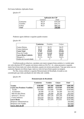 Os Custos Indiretos Aplicados ficam:

       Quadro 07:

                                                    Aplicação dos CIF
                                              Unitário             Total
                Camisetas                      $4,14              $74.510
                Vestidos                       $8,28              $34,771
                Calças                         $6,21              $80.719
                Total                                             190.000




       Podemos agora elaborar o seguinte quadro resumo:

       Quadro 08:

                                         Camisetas      Vestidos         Calças
            Custos Diretos                 $3,75         $5,75           $4,25
            Custos Indiretos               $4,14          $8,28           $6,21
            Custo Total                     $7,89        $14,03          $10,46
            Preço da Venda                 $10,00        $22,00          $16,00
            Lucro Bruto Unitário            $2,11        $7,97           $5,54
            Margem %                       21,1%         36,2%           34,6%
            Ordem de Lucratividade           3º            1º              2º

       Conforme pode-se observar, o produto com maior margem bruta unitária é o vestido tanto
em valor absoluto ($7,97) quanto em termos relativos (36,2%) . As calças possuem o segundo
maior lucro bruto tanto em valores absolutos, quanto em termos percentuais. Veja que neste caso as
camisetas figuram em último lugar, tanto no valor do lucro bruto quanto na margem.
       Por fim, iremos elaborar a seguinte Demonstração do Resultado, levando-se em
consideração que toda a produção do mês tinha sido vendida.

       Quadro 09:
                                  Demonstração do Resultado

                                       Camisetas      Vestidos       Calças         Total
   Vendas                                 $180.000       $92.400    $208.000         $480.400
   Custos dos Produtos Vendidos           $142.010       $58.921    $135.969         $336.900
    Tecido                                 $54.000       $16.800     $39.000         $109.800
    Aviamentos                              $4.500        $3.150      $6.500          $14.150
    Mão-de-obra Direta                     _$9.000       _$4.200     _$9.750         _$22.950
    Subtotal C. Diretos                    $67.500       $24.150     $55.250         $146.900
    Custos Indiretos                       $74.510       $34.771     $80.719         $190.000
   Lucro Bruto                             $37.990       $33.479     $72.031         $143.500
   Despesas Administrativas                 -             -            -              $50.000
   Despesas com Vendas                      -             -            -              $67.020
   Lucro Antes do IR                        -             -            -              $26.480


                                                                                                60
 