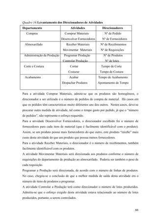 Quadro 16:Levantamento dos Direcionadores de Atividades
Departamento                         Atividades              Direcionadores
   Compras                       Comprar Materiais             Nº de Pedido
                              Desenvolver Fornecedores       Nº de Fornecedores
 Almoxarifado                     Receber Materiais        Nº de Recebimentos
                               Movimentar Materiais         Nº de Requisições
 Administração da Produção      Programar Produção            Nº de Produtos
                               Controlar Produção              Nº de lotes
 Corte e Costura                     Cortar                 Tempo de Corte
                                   Costurar                Tempo de Costura
 Acabamento                         Acabar                Tempo de Acabamento
                               Despachar Produtos        Apontamento de Tempo


Para a atividade Comprar Materiais, admite-se que os produtos são homogêneos, o
direcionador a ser utilizado é o número de pedidos de compra de material. Há casos em
que os pedidos têm características muito diferentes uns dos outros. Nestes casos, deve-se
procurar outra medida de atividade, tal como o tempo gasto por pedido, já que o “número
de pedidos”, não representa o esforço requerido.
Para a atividade Desenvolver Fornecedores, o direcionador escolhido foi o número de
fornecedores para cada item de material (que é facilmente identificável com o produto).
Assim, se um produto possui mais fornecedores do que outro, este produto “recebe” mais
custo desta atividade do que um produto que possua menos fornecedores.
Para a atividade Receber Materiais, o direcionador é o número de recebimentos, também
facilmente identificável com os produtos.
A atividade Movimentar Materiais será direcionada aos produtos conforme o número de
requisições do departamento de produção ao almoxarifado. Poderia ser também o peso de
cada requisição.
Programar a Produção será direcionada, de acordo com o número de linhas de produtos.
No caso, chegou-se a conclusão de que a melhor medida de saída desta atividade era o
número de itens de produtos a programar.
A atividade Controlar a Produção terá como direcionador o número de lotes produzidos.
Admitiu-se que o esforço exigido desta atividade estava relacionado ao número de lotes
produzidos, portanto, a serem controlados.


                                                                                      66
 