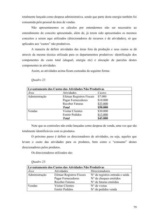 totalmente lançada como despesa administrativa, sendo que parte desta energia também foi
consumida pelo pessoal da área de vendas.
       Não apresentaremos os cálculos por entendermos não ser necessário ao
entendimento do conceito apresentado, além de, já terem sido apresentados os mesmos
conceitos a serem aqui utilizados (direcionadores de recursos e de atividades), só que
aplicados aos “custos” não produtivos.
       A maneira de definir atividades das áreas fora da produção e seus custos se dá
através da mesma técnica utilizada para os departamentos produtivos: identificação dos
componentes do custo total (aluguel, energia etc) e alocação de parcelas destes
componentes às atividades.
       Assim, as atividades acima ficam custeadas da seguinte forma:

       Quadro 22:

    Levantamento dos Custos das Atividades Não Produtivas
    Área                    Atividades                Custos
    Administração           Efetuar Registros Fiscais $7.000
                            Pagar Fornecedores        $10.000
                            Receber Faturas           $33.000
                            Total                     $50.000
    Vendas                  Visitar Clientes          $30.000
                            Emitir Pedidos            $13.000
                            Total                     $43.000

       Note que as comissões não estão lançadas como despesa de venda, uma vez que são
totalmente identificáveis com os produtos.
       O próximo passo é definir os direcionadores de atividades, ou seja, aqueles que
levam o custo das atividades para os produtos, bem como o “consumo” destes
direcionadores pelos produtos.
       Os direcionadores utilizados são:

       Quadro 23:
    Levantamento dos Custos das Atividades Não Produtivas
    Área             Atividades                 Direcionadores
    Administração    Efetuar Registros Fiscais  N° de registros entrada e saída
                     Pagar Fornecedores         N° de cheques emitidos
                     Receber Faturas            N° de faturas emitidas
    Vendas           Visitar Clientes           N° de visitas
                     Emitir Pedidos             N° de pedidos venda




                                                                                     79
 