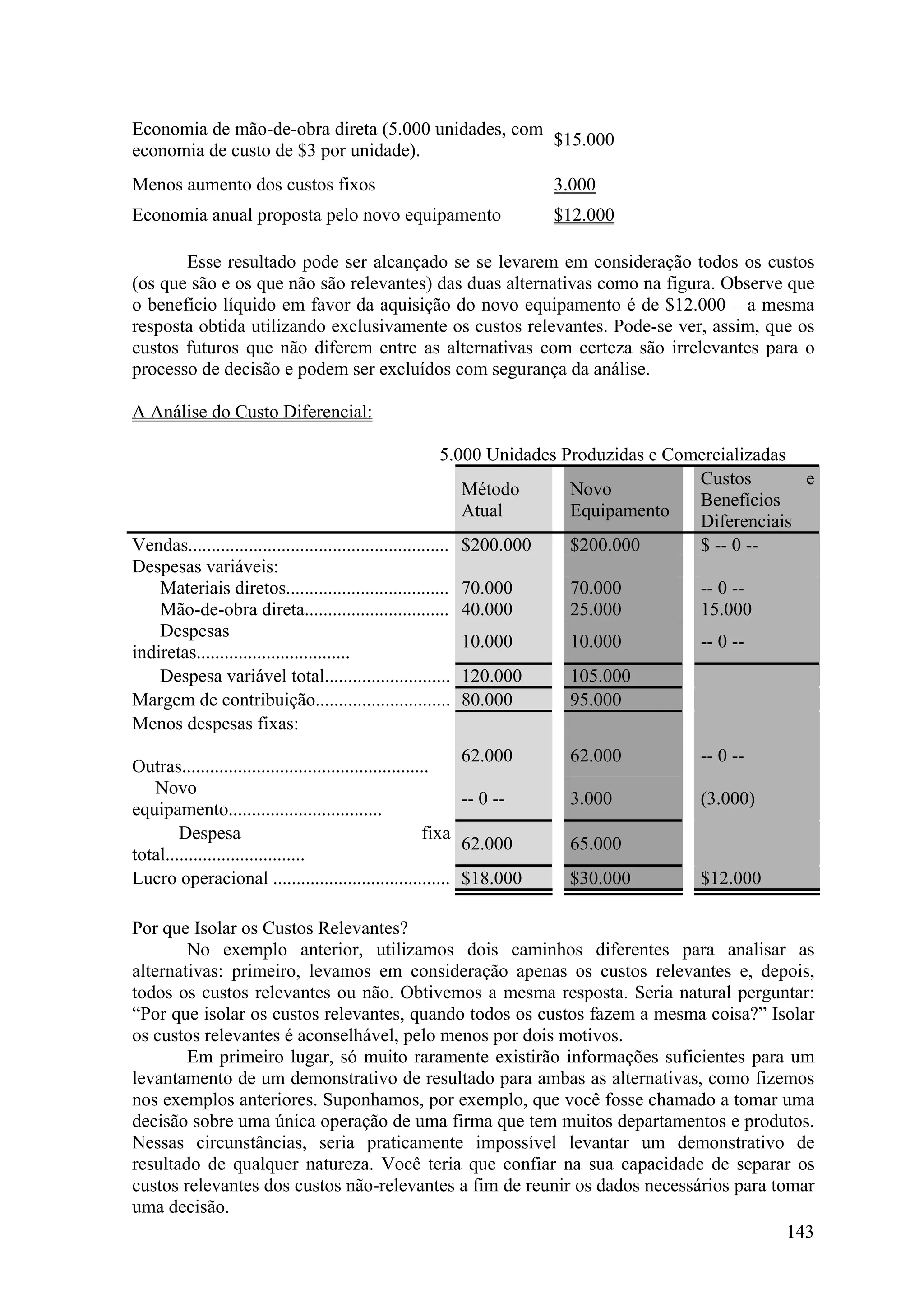 Economia de mão-de-obra direta (5.000 unidades, com
                                                    $15.000
economia de custo de $3 por unidade).
Menos aumento dos custos fixos                                          3.000
Economia anual proposta pelo novo equipamento                           $12.000

       Esse resultado pode ser alcançado se se levarem em consideração todos os custos
(os que são e os que não são relevantes) das duas alternativas como na figura. Observe que
o benefício líquido em favor da aquisição do novo equipamento é de $12.000 – a mesma
resposta obtida utilizando exclusivamente os custos relevantes. Pode-se ver, assim, que os
custos futuros que não diferem entre as alternativas com certeza são irrelevantes para o
processo de decisão e podem ser excluídos com segurança da análise.

A Análise do Custo Diferencial:

                                                            5.000 Unidades Produzidas e Comercializadas
                                                                                           Custos       e
                                                               Método       Novo
                                                                                           Benefícios
                                                               Atual        Equipamento
                                                                                           Diferenciais
Vendas........................................................ $200.000     $200.000       $ -- 0 --
Despesas variáveis:
    Materiais diretos................................... 70.000             70.000         -- 0 --
    Mão-de-obra direta............................... 40.000                25.000         15.000
    Despesas
                                                               10.000       10.000         -- 0 --
indiretas.................................
    Despesa variável total........................... 120.000               105.000
Margem de contribuição............................. 80.000                  95.000
Menos despesas fixas:
                                                              62.000     62.000        -- 0 --
Outras.....................................................
   Novo
                                                              -- 0 --    3.000         (3.000)
equipamento.................................
        Despesa                                          fixa
                                                              62.000     65.000
total..............................
Lucro operacional ...................................... $18.000         $30.000       $12.000

Por que Isolar os Custos Relevantes?
        No exemplo anterior, utilizamos dois caminhos diferentes para analisar as
alternativas: primeiro, levamos em consideração apenas os custos relevantes e, depois,
todos os custos relevantes ou não. Obtivemos a mesma resposta. Seria natural perguntar:
“Por que isolar os custos relevantes, quando todos os custos fazem a mesma coisa?” Isolar
os custos relevantes é aconselhável, pelo menos por dois motivos.
        Em primeiro lugar, só muito raramente existirão informações suficientes para um
levantamento de um demonstrativo de resultado para ambas as alternativas, como fizemos
nos exemplos anteriores. Suponhamos, por exemplo, que você fosse chamado a tomar uma
decisão sobre uma única operação de uma firma que tem muitos departamentos e produtos.
Nessas circunstâncias, seria praticamente impossível levantar um demonstrativo de
resultado de qualquer natureza. Você teria que confiar na sua capacidade de separar os
custos relevantes dos custos não-relevantes a fim de reunir os dados necessários para tomar
uma decisão.
                                                                                        143
 