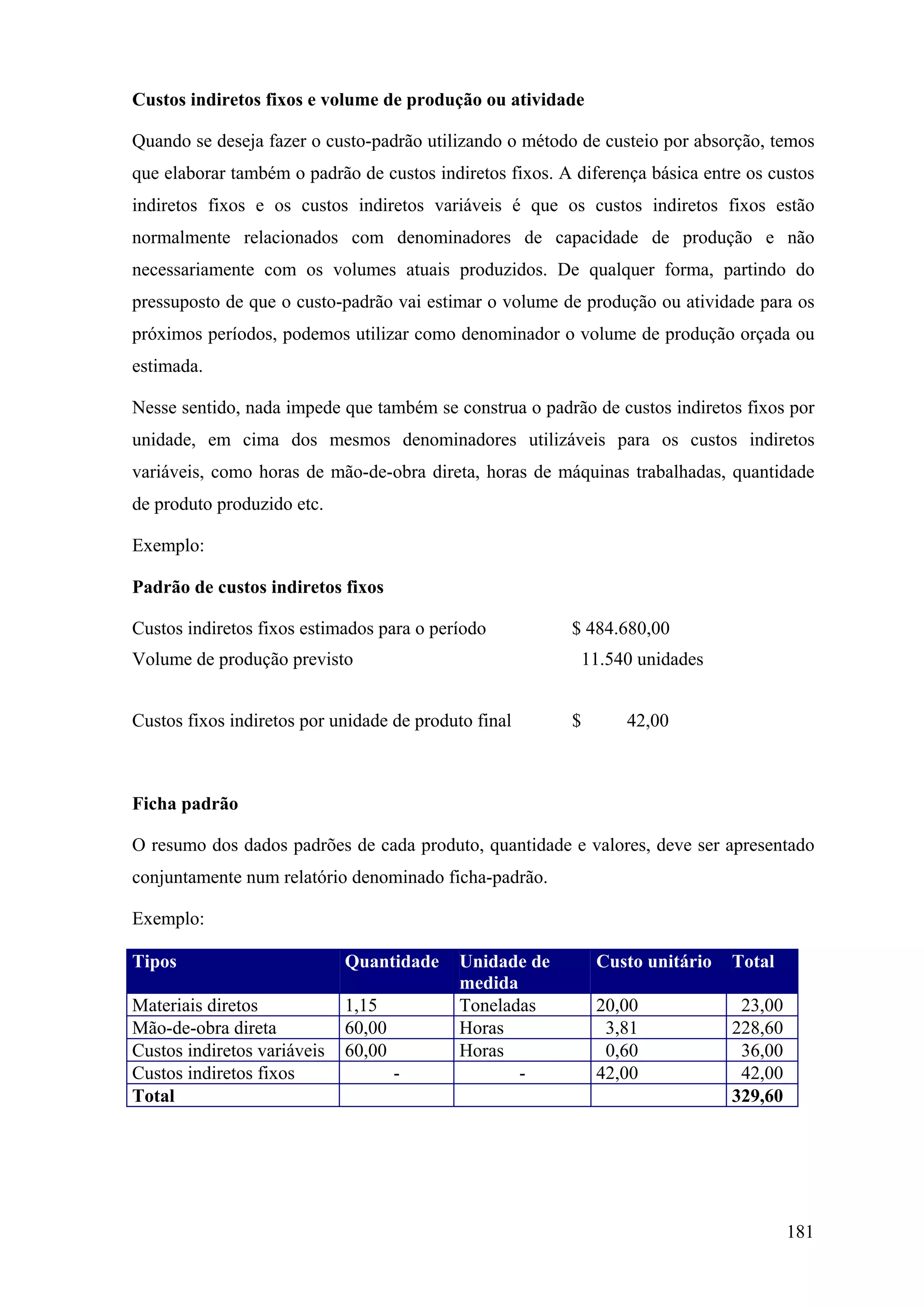 Custos indiretos fixos e volume de produção ou atividade

Quando se deseja fazer o custo-padrão utilizando o método de custeio por absorção, temos
que elaborar também o padrão de custos indiretos fixos. A diferença básica entre os custos
indiretos fixos e os custos indiretos variáveis é que os custos indiretos fixos estão
normalmente relacionados com denominadores de capacidade de produção e não
necessariamente com os volumes atuais produzidos. De qualquer forma, partindo do
pressuposto de que o custo-padrão vai estimar o volume de produção ou atividade para os
próximos períodos, podemos utilizar como denominador o volume de produção orçada ou
estimada.

Nesse sentido, nada impede que também se construa o padrão de custos indiretos fixos por
unidade, em cima dos mesmos denominadores utilizáveis para os custos indiretos
variáveis, como horas de mão-de-obra direta, horas de máquinas trabalhadas, quantidade
de produto produzido etc.

Exemplo:

Padrão de custos indiretos fixos

Custos indiretos fixos estimados para o período           $ 484.680,00
Volume de produção previsto                                11.540 unidades


Custos fixos indiretos por unidade de produto final       $      42,00



Ficha padrão

O resumo dos dados padrões de cada produto, quantidade e valores, deve ser apresentado
conjuntamente num relatório denominado ficha-padrão.

Exemplo:

Tipos                        Quantidade    Unidade de         Custo unitário   Total
                                           medida
Materiais diretos            1,15          Toneladas          20,00             23,00
Mão-de-obra direta           60,00         Horas               3,81            228,60
Custos indiretos variáveis   60,00         Horas               0,60             36,00
Custos indiretos fixos               -            -           42,00             42,00
Total                                                                          329,60




                                                                                        181
 