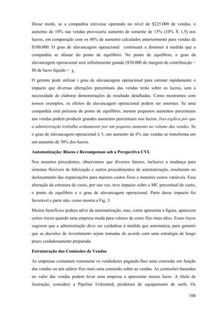 Desse modo, se a companhia estivesse operando no nível de $225.000 de vendas, o
aumento de 10% nas vendas provocaria aumento de somente de 15% (10% X 1,5) nos
lucros, em comparação com os 40% de aumento calculados anteriormente para vendas de
$100.000. O grau de alavancagem operacional continuará a diminuir à medida que a
companhia se afastar do ponto de equilíbrio. No ponto de equilíbrio, o grau da
alavancagem operacional será infinitamente grande ($30.000 de margem de contribuição ÷
$0 de lucro líquido = χ.

O gerente pode utilizar i grau de alavancagem operacional para estimar rapidamente o
impacto que diversas alterações percentuais das vendas terão sobre os lucros, sem a
necessidade de elaborar demonstrações de resultado detalhadas. Como mostramos com
nossos exemplos, os efeitos da alavancagem operacional podem ser enormes. Se uma
companhia está próxima do ponto de equilíbrio, mesmo pequenos aumentos percentuais
nas vendas podem produzir grandes aumentos percentuais nos lucros. Isso explica por que
a administração trabalha arduamente por um pequeno aumento no volume das vendas. Se
o grau de alavancagem operacional é 5, um aumento de 6% nas vendas se transforma em
um aumento de 30% dos lucros.

Automatização: Riscos e Recompensas sob a Perspectiva CVL

Nos assuntos precedentes, observamos que diversos fatores, inclusive a mudança para
sistemas flexíveis de fabricação e outros procedimentos de automatização, resultaram no
deslocamento das organizações para maiores custos fixos e menores custos variáveis. Essa
alteração da estrutura de custo, por sua vez, teve impacto sobre a MC percentual de custo,
o ponto de equilíbrio e o grau de alavancagem operacional. Parte desse impacto foi
favorável e parte não, como mostra a Fig. 3.

Muitos benefícios podem advir da automatização, mas, como apresenta a figura, aparecem
certos riscos quando uma empresa muda para valores de custo fixo mais altos. Esses riscos
sugerem que a administração deve ser cuidadosa à medida que automatiza, para garantir
que as decisões de investimento sejam tomadas de acordo com uma estratégia de longo
prazo cuidadosamente preparada.

Estruturação das Comissões de Vendas

As empresas costumam remunerar os vendedores pagando-lhes uma comissão em função
das vendas ou um salário fixo mais uma comissão sobre as vendas. As comissões baseadas
no valor das vendas podem levar uma empresa a apresentar menos lucro. A título de
ilustração, considere a Pipeline Unlimited, produtora de equipamento de surfe. Os

                                                                                      100
 
