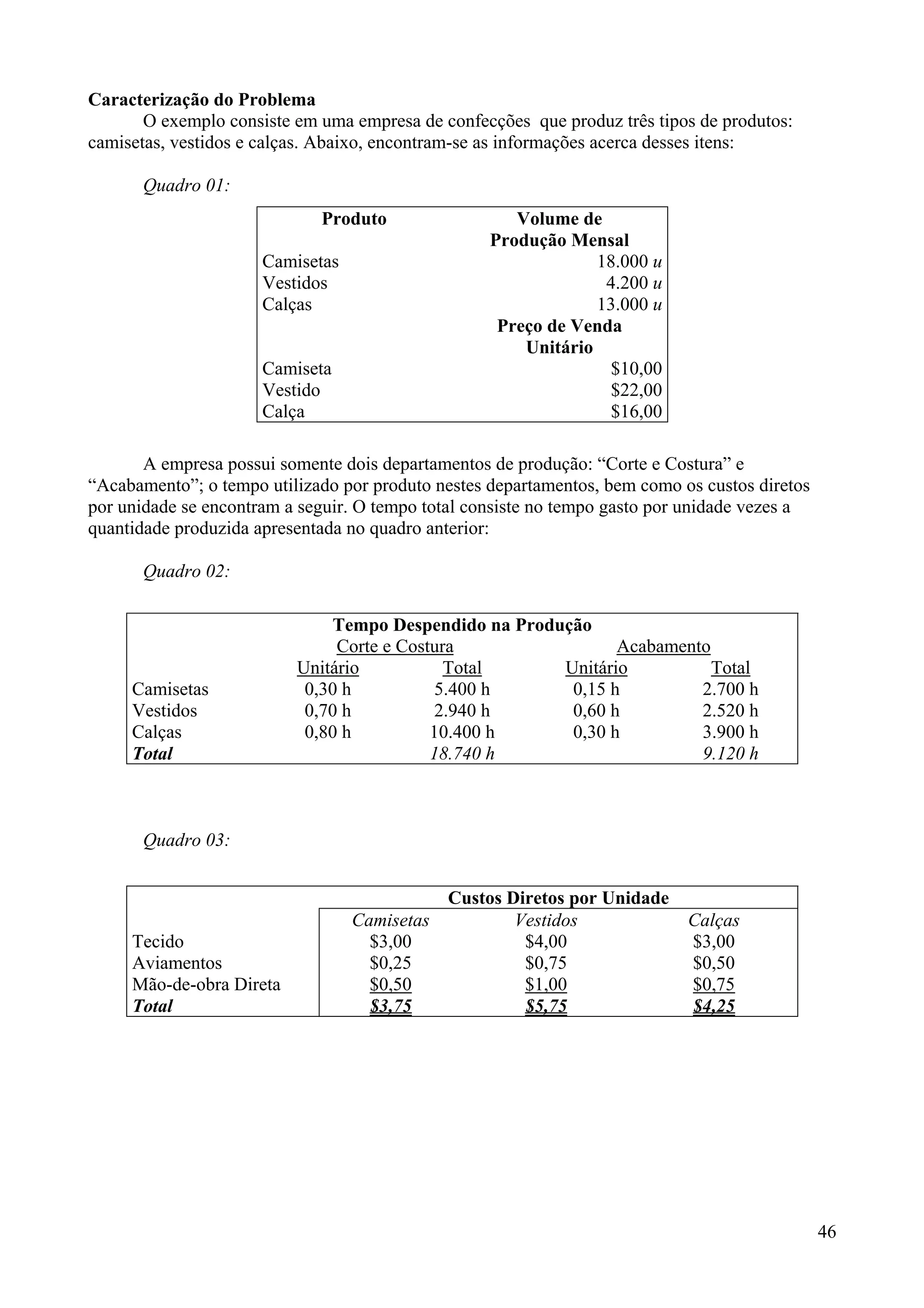 Caracterização do Problema
       O exemplo consiste em uma empresa de confecções que produz três tipos de produtos:
camisetas, vestidos e calças. Abaixo, encontram-se as informações acerca desses itens:

       Quadro 01:
                             Produto                  Volume de
                                                   Produção Mensal
                      Camisetas                                 18.000 u
                      Vestidos                                   4.200 u
                      Calças                                    13.000 u
                                                    Preço de Venda
                                                       Unitário
                      Camiseta                                    $10,00
                      Vestido                                     $22,00
                      Calça                                       $16,00

       A empresa possui somente dois departamentos de produção: “Corte e Costura” e
“Acabamento”; o tempo utilizado por produto nestes departamentos, bem como os custos diretos
por unidade se encontram a seguir. O tempo total consiste no tempo gasto por unidade vezes a
quantidade produzida apresentada no quadro anterior:

       Quadro 02:

                              Tempo Despendido na Produção
                               Corte e Costura                Acabamento
                          Unitário           Total     Unitário          Total
     Camisetas             0,30 h           5.400 h     0,15 h         2.700 h
     Vestidos              0,70 h          2.940 h      0,60 h         2.520 h
     Calças                0,80 h          10.400 h     0,30 h         3.900 h
     Total                                 18.740 h                    9.120 h



       Quadro 03:


                                            Custos Diretos por Unidade
                                  Camisetas         Vestidos                Calças
     Tecido                         $3,00            $4,00                  $3,00
     Aviamentos                     $0,25            $0,75                  $0,50
     Mão-de-obra Direta             $0,50            $1,00                  $0,75
     Total                          $3,75            $5,75                  $4,25




                                                                                               46
 