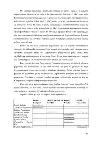 Os sistemas tradicionais geralmente refletem os custos segundo a estrutura
organizacional da empresa, na maioria dos casos estrutura funcional. O ABC, nesta visão
horizontal, procura custear processos; e os processos são, via de regra, interdepartamentais,
indo além da organização funcional. O ABC, assim, pode ser visto como uma ferramenta
de análise dos fluxos de custos, e quanto mais processos interdepartamentais houver na
empresa, tanto maiores serão os benefícios do ABC. Uma observação importante: quando
se tem por objetivo calcular os custos dos processos, é preciso decidir sobre a inclusão, ou
não, nos custos das atividades que compõem os processos, de determinados itens de custos
diretamente alocáveis a produtos ou linhas, como, por exemplo, materiais diretos, sucatas,
refugos, comissões etc.
       Para se ter uma visão talvez mais esquemática veja-se o seguinte: normalmente a
empresa é dividida em Departamentos (logo a seguir, representados pelas colunas); mas as
atividades acontecem dentro dos Departamentos (representadas pelas linhas). Uma
atividade não necessariamente é executada dentro de um único departamento, e quando
isto ocorre ela pode ser, na maioria das vezes, dividida em subatividades.
       Por exemplo, dentro de Departamento Financeiro, efetua-se a atividade de efetuar o
pagamento dos fornecedores; só que essa atividade faz parte do processo de pagar
fornecedores que é composto por outras atividades além desta. Talvez a área de Compras
produza um documento que vá ser enviado ao Departamento financeiro para autorizar o
pagamento. Com isso, o processo completo de pagar o fornecedor começa na área de
Compras e se completa no Departamento Financeiro.
       Com isso, se se quiser conhecer o custo total do processo “pagar fornecedores”, é
necessário somar, “na horizontal” custos incorridos em dois departamentos diferentes, ou
seja, soma-se os custos das atividades envolvidas no processo.
       Suponha-se um “pedaço” da empresa assim representado:

                     Depto.              Depto. Análise de Depto.             Depto.
                     Compras             Crédito           Vendas             Financeiro
Emitir Pedido        xxxxxxxxxx
Autorizar Pagamento xxxxxxxxxx
Efetuar Pagamento
Autorizar Crédito                        xxxxxxxxxx                           xxxxxxxxxx
Receber Pedido                                                xxxxxxxxxx
Autorizar Venda                                               xxxxxxxxxx
Efetuar Venda                                                 xxxxxxxxxx
Comunicar     Depto.                                          xxxxxxxxxx
Fin.
Efetuar Recebimento                                                           xxxxxxxxxx


                                                                                           63
 
