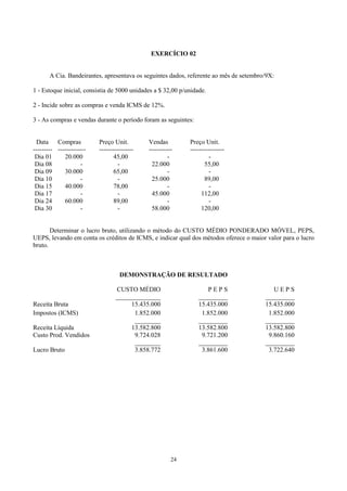 EXERCÍCIO 02


       A Cia. Bandeirantes, apresentava os seguintes dados, referente ao mês de setembro/9X:

1 - Estoque inicial, consistia de 5000 unidades a $ 32,00 p/unidade.

2 - Incide sobre as compras e venda ICMS de 12%.

3 - As compras e vendas durante o período foram as seguintes:


  Data Compras            Preço Unit.        Vendas          Preço Unit.
--------- -------------   ----------------   -----------     ----------------
 Dia 01      20.000              45,00                -               -
 Dia 08              -             -          22.000                55,00
 Dia 09      30.000              65,00                -               -
 Dia 10              -             -          25.000                89,00
 Dia 15      40.000              78,00                -               -
 Dia 17              -             -          45.000              112,00
 Dia 24      60.000              89,00                -               -
 Dia 30              -             -          58.000              120,00


       Determinar o lucro bruto, utilizando o método do CUSTO MÉDIO PONDERADO MÓVEL, PEPS,
UEPS, levando em conta os créditos de ICMS, e indicar qual dos métodos oferece o maior valor para o lucro
bruto.



                                   DEMONSTRAÇÃO DE RESULTADO

                                 CUSTO MÉDIO                        PEPS                   UEPS
                                 ______________                  _________              _________
Receita Bruta                         15.435.000                 15.435.000             15.435.000
Impostos (ICMS)                        1.852.000                  1.852.000              1.852.000
                                       ________                  _________              _________
Receita Líquida                       13.582.800                 13.582.800             13.582.800
Custo Prod. Vendidos                   9.724.028                  9.721.200              9.860.160
                                       ________                  _________              _________
Lucro Bruto                            3.858.772                  3.861.600              3.722.640




                                                       24
 