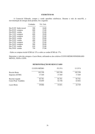 EXERCÍCIO 04

     A Comercial Eldorado, compra e vende aparelhos telefónicos. Durante o mês de maio/0X, a
movimentação do estoque deste produto, foi a seguinte:

                             Unidades         Vlr. Unit.
                            ---------------   -------------
Dia 01/05   Saldo inicial           500            10,00
Dia 05/05   compras                 800            15,00
Dia 09/05   vendas                  250            22,00
Dia 13/03   compras                 600            18,00
Dia 16/05   compras                 450            22,00
Dia 20/05   vendas                  950            29,00
Dia 22/05   vendas                  400            32,00
Dia 23/05   compras                 750            25,00
Dia 26/05   compras                 900            28,00
Dia 27/05   vendas                  850            35,00
Dia 29/05   vendas                  750            37,00

- Sobre as compras incide ICMS de 12% e sobre as vendas ICMS de 17%.

Determine o valor dos estoques e Lucro Bruto, utilizando-se dos critérios CUSTO MÉDIO PONDERADO
MÓVEL, PEPS e UEPS.


                                     DEMONSTRAÇÃO DE RESULTADO

                                   CUSTO MÉDIO                        PEPS         UEPS
                                   ______________                  _________    _________
Receita Bruta                              103.350                    103.350      103.350
Impostos (ICMS)                             17.569                     17.569       17.569
                                         ________                  _________    _________
Receita Líquida                             85.781                     85.781       85.781
Custo Prod. Vendidos                        55.895                     52.750       63.052
                                         ________                  _________    _________
Lucro Bruto                                 29.886                     33.031       22.729




                                                              26
 