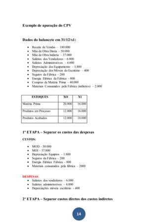 14
Exemplo de apuração do CPV
Dados do balancete em 31/12/x1:
 Receita de Vendas – 180.000
 Mão de Obra Direta – 50.000
 Mão de Obra Indireta – 37.000
 Salários dos Vendedores – 6.000
 Salários Administrativos – 4.000
 Depreciação dos Equipamento – 1.800
 Depreciação dos Móveis do Escritório – 400
 Seguros da Fábrica – 200
 Energia Elétrica da Fábrica – 800
 Compras de Matéria Prima – 40.000
 Materiais Consumidos pela Fábrica (indiretos) – 2.000
ESTOQUES XO X1
Matéria Prima 20.000 16.000
Produtos em Processo 12.000 16.000
Produtos Acabados 12.000 10.000
1ª ETAPA – Separar os custos das despesas
CUSTOS:
 MOD – 50.000
 MOI – 37.000
 Depreciação Equiptos – 1.800
 Seguros da Fábrica – 200
 Energia Elétrica Fábrica – 800
 Materiais consumidos pela fábrica – 2000
DESPESAS
 Salários dos vendedores – 6.000
 Salários administrativos – 4.000
 Depreciações móveis escritório - 400
2ª ETAPA – Separar custos diretos dos custos indiretos
 