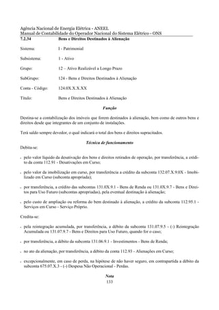 Agência Nacional de Energia Elétrica - ANEEL
Manual de Contabilidade do Operador Nacional do Sistema Elétrico - ONS
7.2.34             Bens e Direitos Destinados à Alienação

Sistema:                I - Patrimonial

Subsistema:             1 - Ativo

Grupo:                  12 – Ativo Realizável a Longo Prazo

SubGrupo:               124 - Bens e Direitos Destinados à Alienação

Conta - Código:         124.0X.X.X.XX

Título:                 Bens e Direitos Destinados à Alienação

                                                  Função

Destina-se a contabilização dos imóveis que forem destinados à alienação, bem como de outros bens e
direitos desde que integrantes de um conjunto de instalações.

Terá saldo sempre devedor, o qual indicará o total dos bens e direitos supracitados.

                                          Técnica de funcionamento
Debita-se:

•   pelo valor líquido da desativação dos bens e direitos retirados de operação, por transferência, a crédi-
    to da conta 112.91 - Desativações em Curso;

•   pelo valor da imobilização em curso, por transferência a crédito da subconta 132.07.X.9.0X - Imobi-
    lizado em Curso (subconta apropriada);

•   por transferência, a crédito das subcontas 131.0X.9.1 - Bens de Renda ou 131.0X.9.7 - Bens e Direi-
    tos para Uso Futuro (subcontas apropriadas), pela eventual destinação à alienação;

•   pelo custo de ampliação ou reforma do bem destinado à alienação, a crédito da subconta 112.95.1 -
    Serviços em Curso - Serviço Próprio.

Credita-se:

•   pela reintegração acumulada, por transferência, a débito da subconta 131.07.9.5 - (-) Reintegração
    Acumulada ou 131.07.9.7 - Bens e Direitos para Uso Futuro, quando for o caso;

•   por transferência, a débito da subconta 131.06.9.1 - Investimentos - Bens de Renda;

•   no ato da alienação, por transferência, a débito da conta 112.93 - Alienações em Curso;

•   excepcionalmente, em caso de perda, na hipótese de não haver seguro, em contrapartida a débito da
    subconta 675.07.X.3 - (-) Despesa Não Operacional - Perdas.

                                                    Nota
                                                    133
 