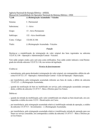 Agência Nacional de Energia Elétrica - ANEEL
Manual de Contabilidade do Operador Nacional do Sistema Elétrico - ONS
7.2.48             (-) Reintegração Acumulada - Veículos

Sistema:                I - Patrimonial

Subsistema:             1 - Ativo

Grupo:                  13 - Ativo Permanente

SubGrupo:               132 - Ativo Imobilizado

Conta - Código:         132.0X.X.5.06

Título:                 (-) Reintegração Acumulada - Veículos

                                                  Função

Destina-se a contabilização da reintegração do valor original dos bens registrados na subconta
132.07.X.1.06 – Operação e Administração Central - Veículos.

Terá saldo sempre credor, pois será uma conta retificadora. Esse saldo credor indicará o total Reinte-
grado da referida subconta 132.07.X.1.06, nos termos da legislação.

                                          Técnica de funcionamento
Credita-se:

•   mensalmente, pela quota destinada à reintegração do valor original, em contrapartida a débito da sub-
    conta 615.07.X.1.53 – Operação e Administração Central - Custo de Operação - Depreciação;

•   por transferência, pela reintegração acumulada referente aos bens de renda, a débito da subconta
    131.07.9.5 - (-) Reintegração Acumulada;

•   quando da reutilização do bem no imobilizado em serviço, pela reintegração acumulada correspon-
    dente, a débito da subconta 131.07.9.7 - Bens e Direitos para Uso Futuro.

Debita-se:

•   quando da retirada da imobilização, pelo valor contabilizado em relação ao bem desativado, em con-
    trapartida a crédito da conta 112.91 - Desativações em Curso.

•   por transferência, pela reintegração acumulada relativa à imobilização retirada de operação, a crédito
    da subconta 131.07.9.5 – Investimentos – (-) Reintegração Acumulada;

•   por transferência, pela reintegração acumulada relativa à imobilização retirada de operação para uso
    futuro no serviço concedido, em contrapartida a crédito da subconta 131.07.9.7 – Bens e Direitos pa-
    ra Uso Futuro.




                                                    160
 