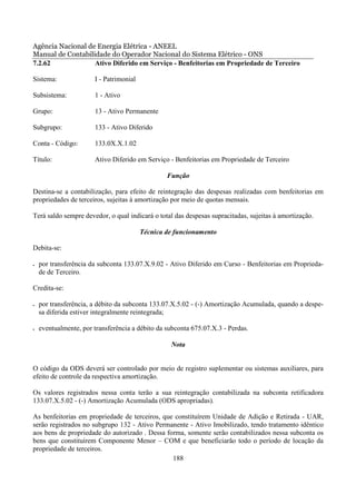 Agência Nacional de Energia Elétrica - ANEEL
Manual de Contabilidade do Operador Nacional do Sistema Elétrico - ONS
7.2.62             Ativo Diferido em Serviço - Benfeitorias em Propriedade de Terceiro

Sistema:               I - Patrimonial

Subsistema:            1 - Ativo

Grupo:                 13 - Ativo Permanente

Subgrupo:              133 - Ativo Diferido

Conta - Código:        133.0X.X.1.02

Título:                Ativo Diferido em Serviço - Benfeitorias em Propriedade de Terceiro

                                                 Função

Destina-se a contabilização, para efeito de reintegração das despesas realizadas com benfeitorias em
propriedades de terceiros, sujeitas à amortização por meio de quotas mensais.

Terá saldo sempre devedor, o qual indicará o total das despesas supracitadas, sujeitas à amortização.

                                         Técnica de funcionamento

Debita-se:

•   por transferência da subconta 133.07.X.9.02 - Ativo Diferido em Curso - Benfeitorias em Proprieda-
    de de Terceiro.

Credita-se:

•   por transferência, a débito da subconta 133.07.X.5.02 - (-) Amortização Acumulada, quando a despe-
    sa diferida estiver integralmente reintegrada;

•   eventualmente, por transferência a débito da subconta 675.07.X.3 - Perdas.

                                                  Nota


O código da ODS deverá ser controlado por meio de registro suplementar ou sistemas auxiliares, para
efeito de controle da respectiva amortização.

Os valores registrados nessa conta terão a sua reintegração contabilizada na subconta retificadora
133.07.X.5.02 - (-) Amortização Acumulada (ODS apropriadas).

As benfeitorias em propriedade de terceiros, que constituírem Unidade de Adição e Retirada - UAR,
serão registrados no subgrupo 132 - Ativo Permanente - Ativo Imobilizado, tendo tratamento idêntico
aos bens de propriedade do autorizado . Dessa forma, somente serão contabilizados nessa subconta os
bens que constituírem Componente Menor – COM e que beneficiarão todo o período de locação da
propriedade de terceiros.
                                                188
 