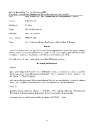 Agência Nacional de Energia Elétrica - ANEEL
Manual de Contabilidade do Operador Nacional do Sistema Elétrico - ONS
7.2.64             Ativo Diferido em Curso - Benfeitorias em Propriedade de Terceiro

Sistema:               I - Patrimonial

Subsistema:            1 - Ativo

Grupo:                 13 - Ativo Permanente

SubGrupo:              133 - Ativo Diferido

Conta – Código:        133.0X.X.9.02

Título:                Ativo Diferido em Curso - Benfeitorias em Propriedade de Terceiro

                                                 Função

Destina-se a contabilização dos gastos com benfeitorias em propriedade de terceiro, quando esta pro-
priedade for locada por prazo determinado e o locador não for sócio, dirigente, participante nos lucros,
ou respectivos parentes ou dependentes, pelo sistema de Ordem de Serviço - ODS.

Terá saldo sempre devedor, o qual indicará o total das ODS ainda em curso.

                                         Técnica de funcionamento

Debita-se:

•   pelos gastos de pessoal, material, serviço de terceiro e outros, na execução dos serviços, na contra-
    partida a crédito às contas adequadas dos Grupos 21 - Passivo Circulante, 22 Passivo exigível a Lon-
    go Prazo e 11 - Ativo Circulante;

•   pela parcela das despesas de Administração Central Superior, por transferência, a crédito da subconta
    615.07.4.1 - Despesas de Administração Central, nas Naturezas de Gastos apropriadas.

Credita-se:

•   por transferência, a débito da subconta 133.07.X.1.02 - Ativo Diferido em Serviço - Benfeitorias em
    Propriedade de Terceiro, quando da conclusão do serviço, para efeito de amortização;

•   eventualmente, por transferência, a débito da subconta 675.07.X.3 - Perdas.




                                                   191
 